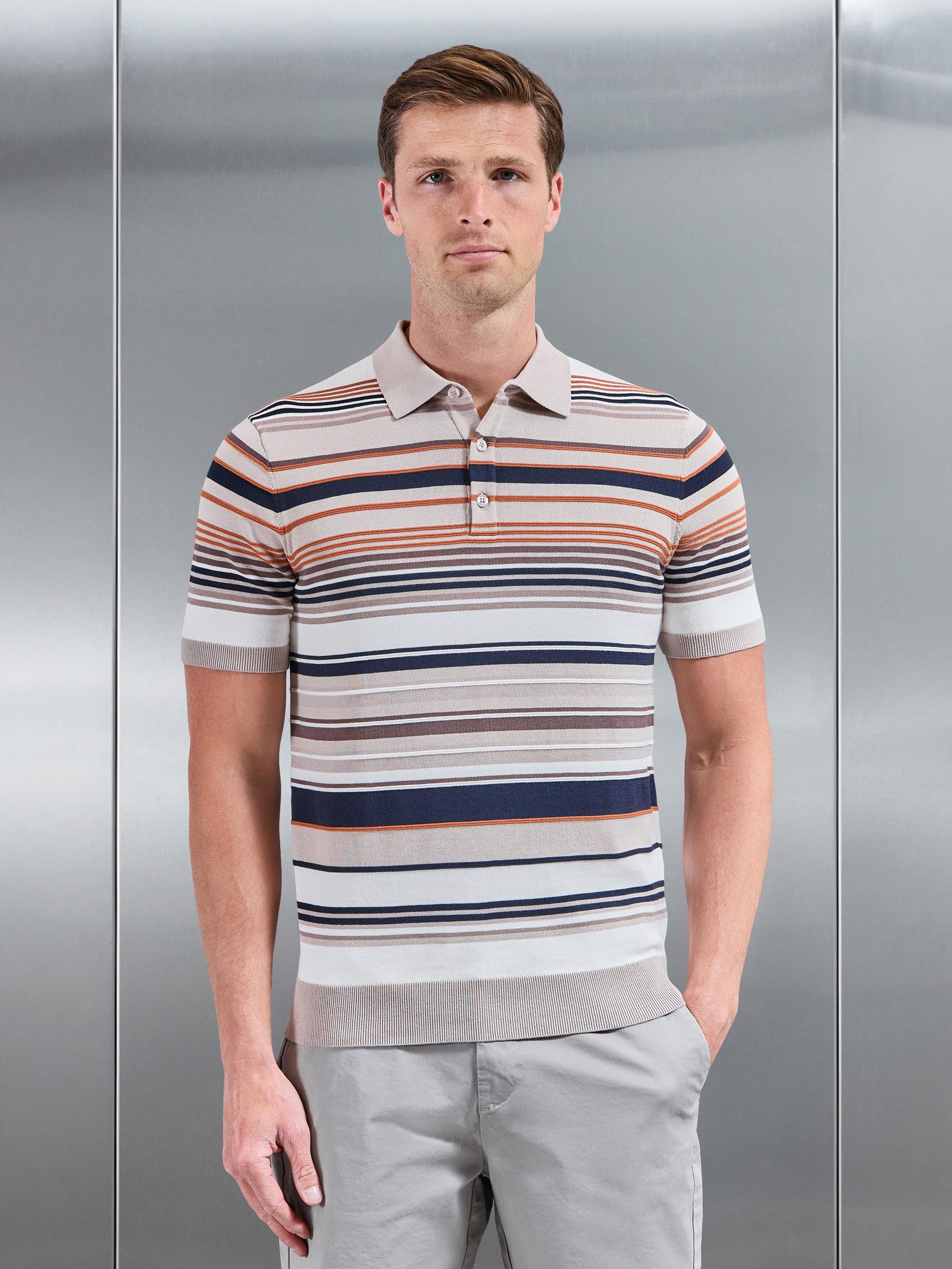 Mens Stripe Knitted Polo Shirt in Stone