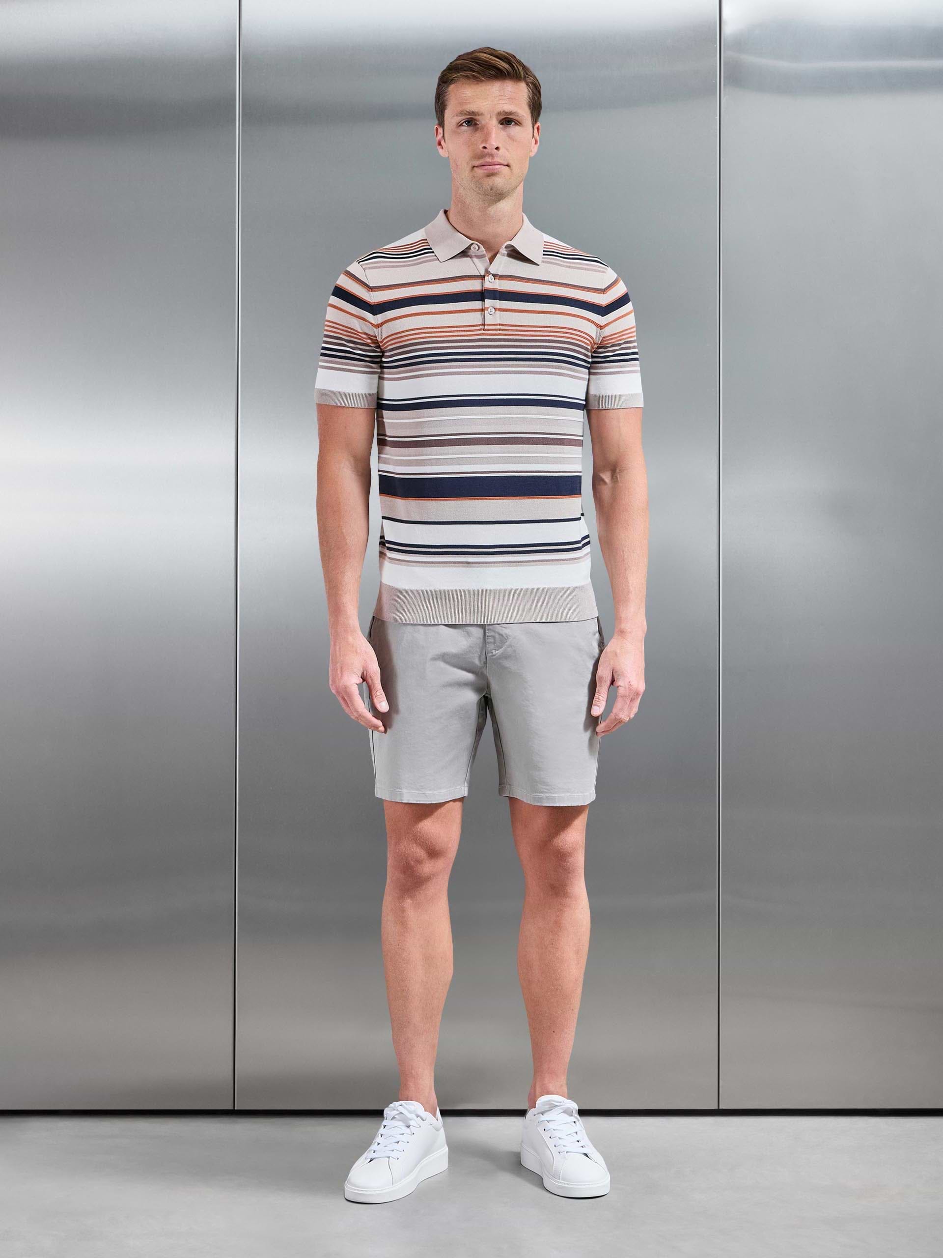 Stripe Knitted Polo Shirt in Stone