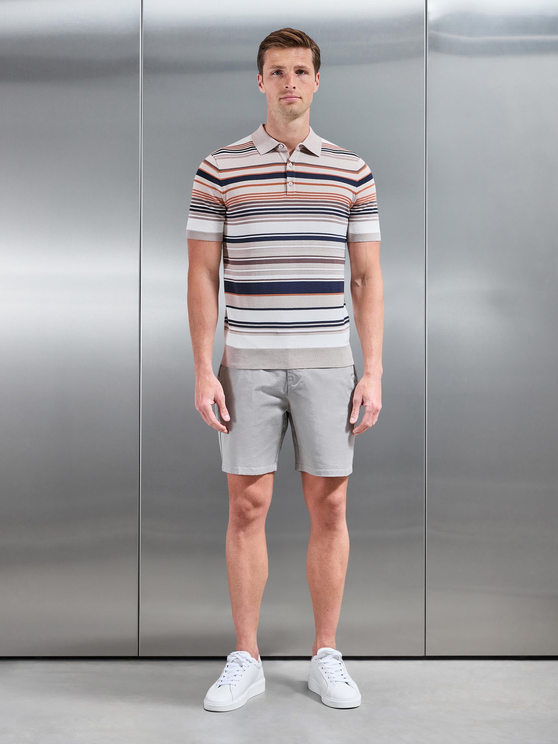 Mens Stripe Knitted Polo Shirt in Stone