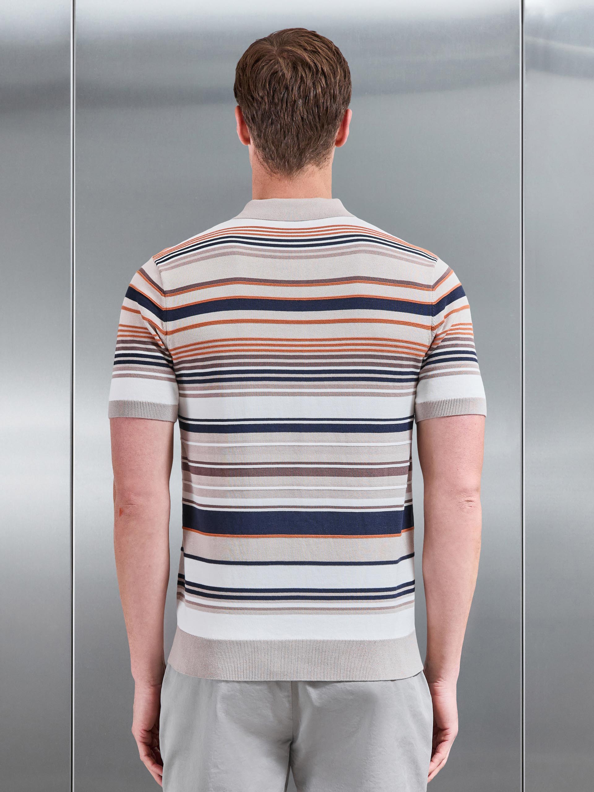 Mens Stripe Knitted Polo Shirt in Stone