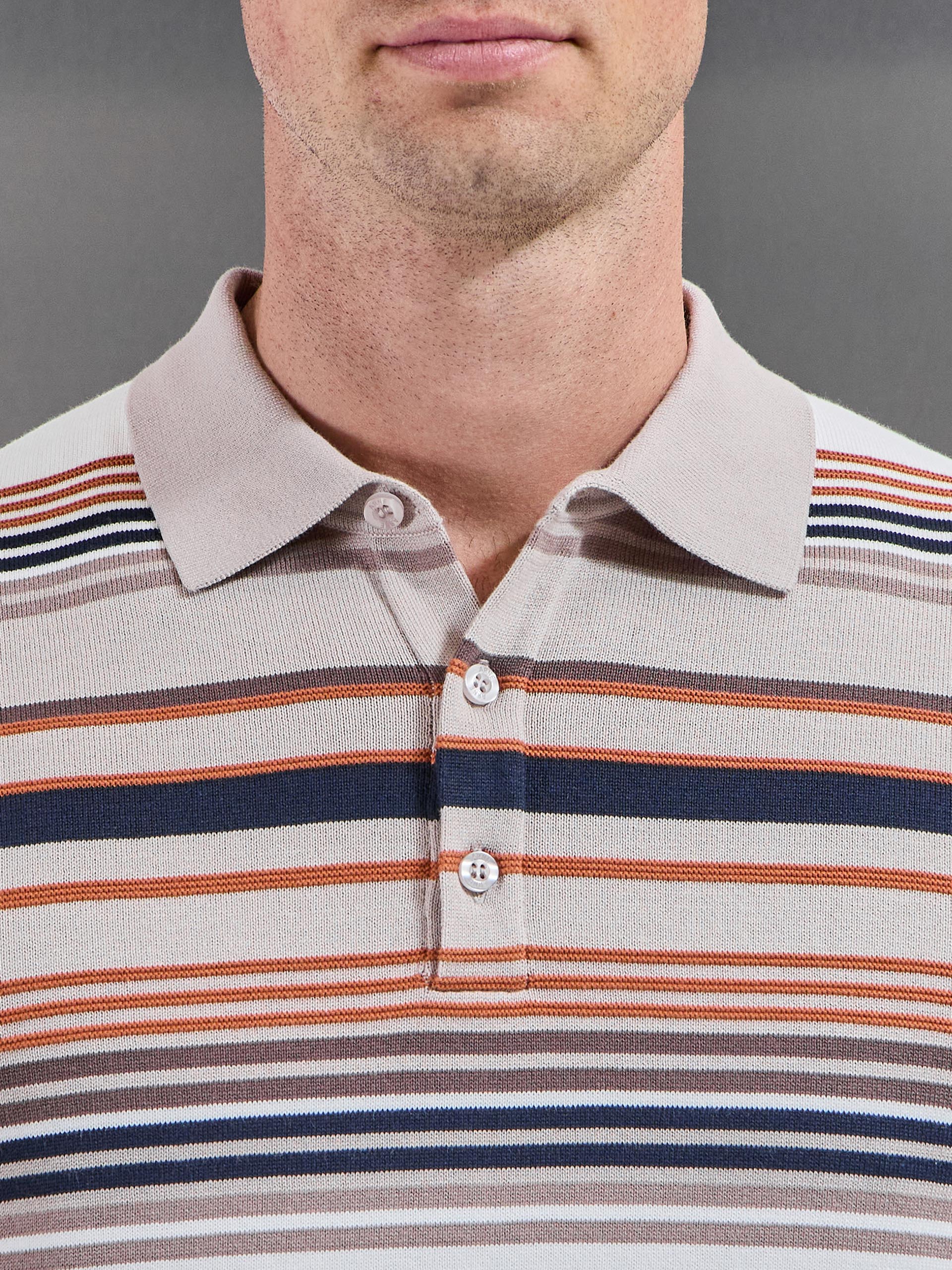Mens Stripe Knitted Polo Shirt in Stone
