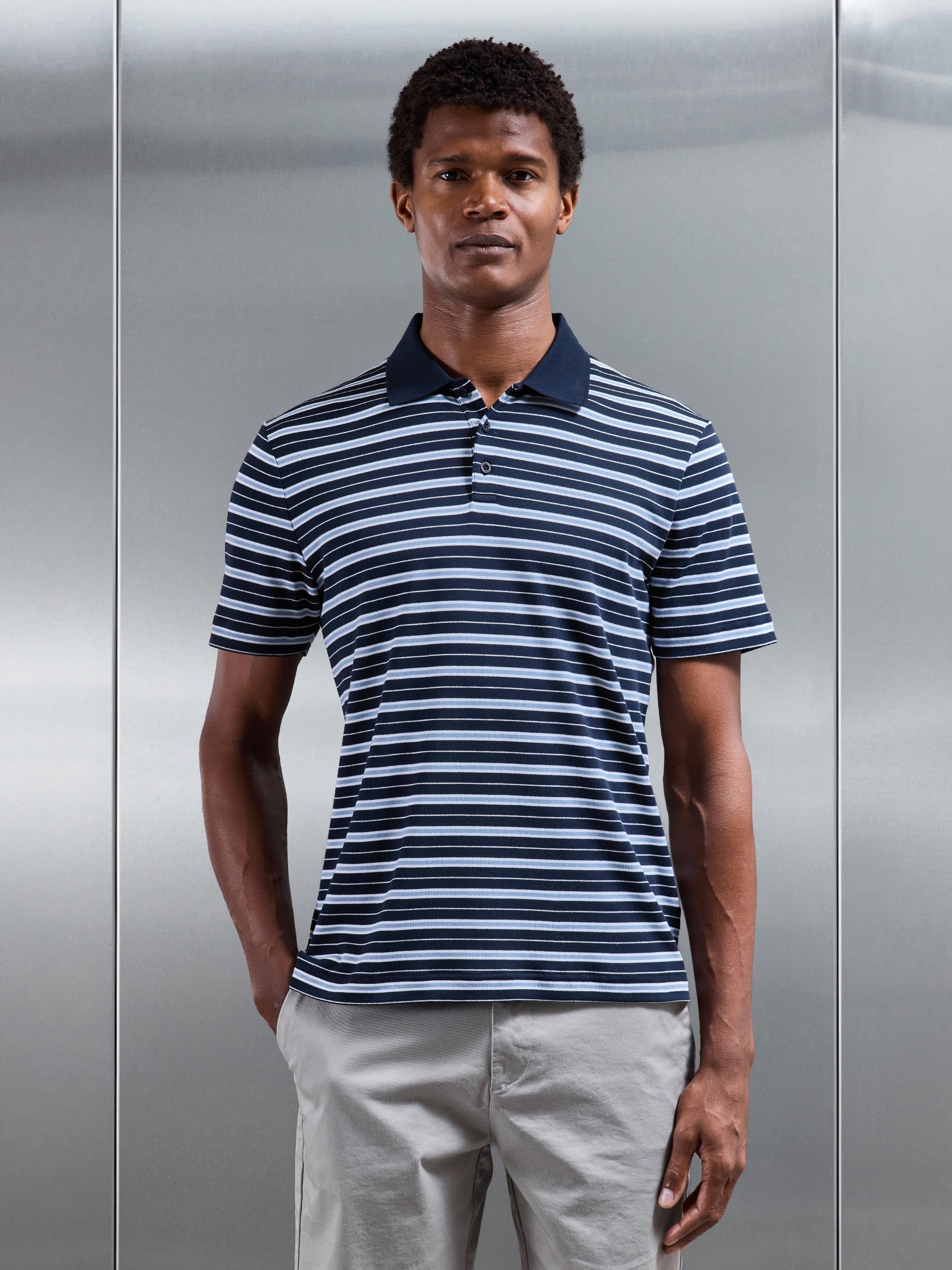 Stripe Mercerised Interlock Polo Shirt in Navy