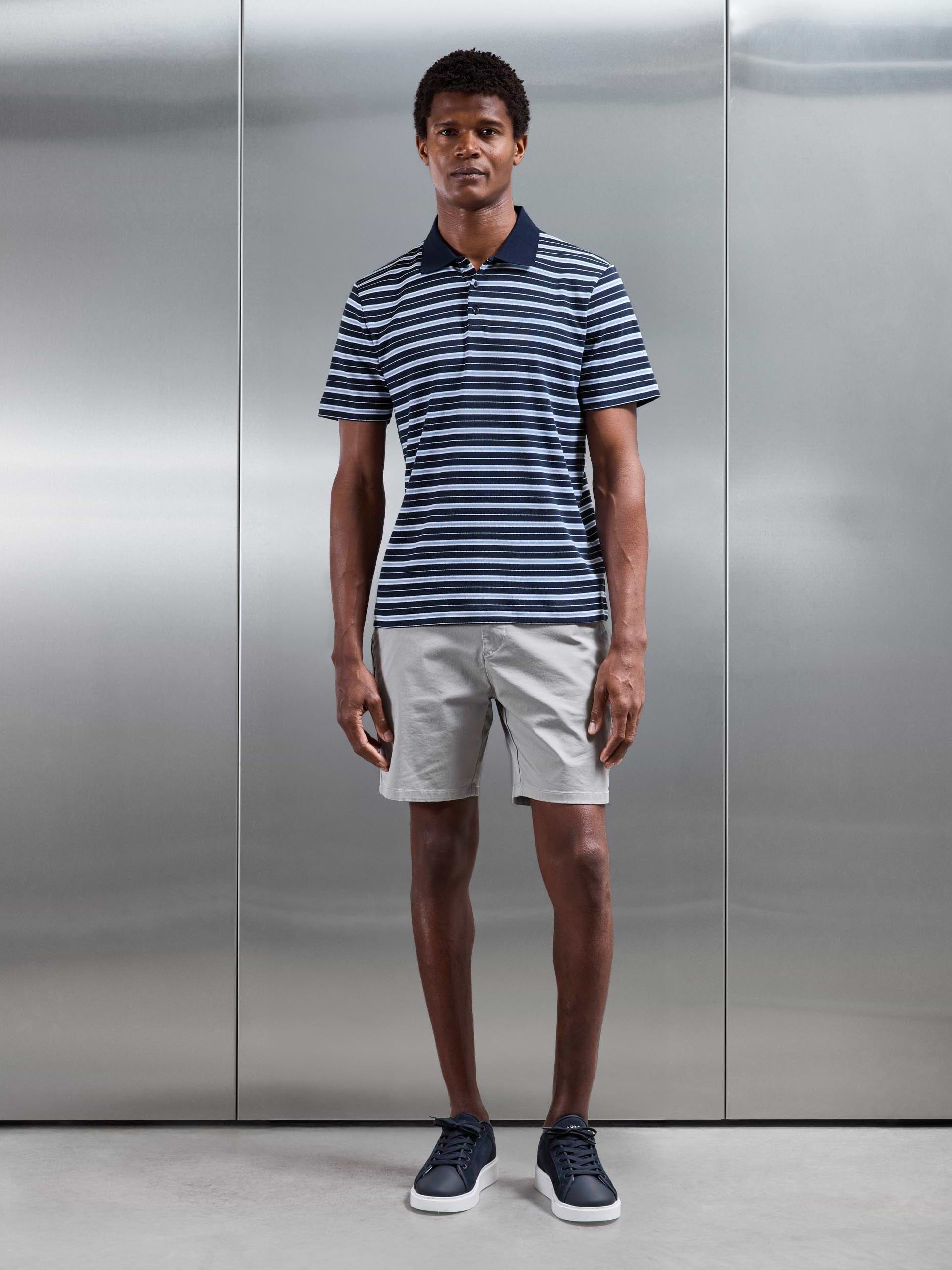 Mens Stripe Mercerised Interlock Polo Shirt in Navy