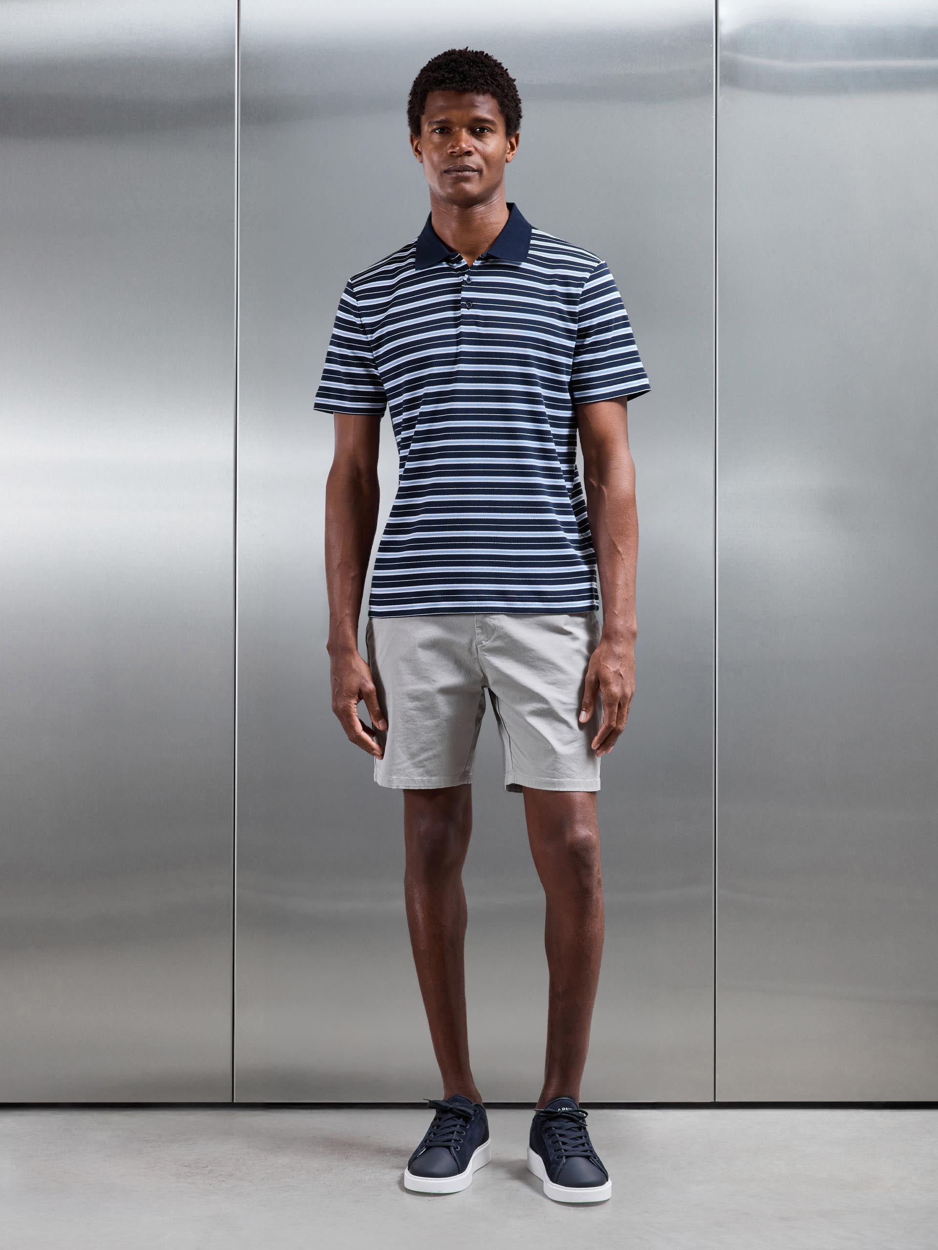 Mens Stripe Mercerised Interlock Polo Shirt in Navy
