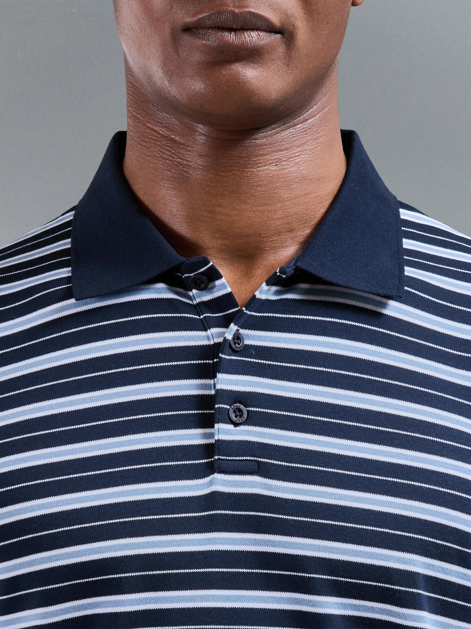 Mens Stripe Mercerised Interlock Polo Shirt in Navy