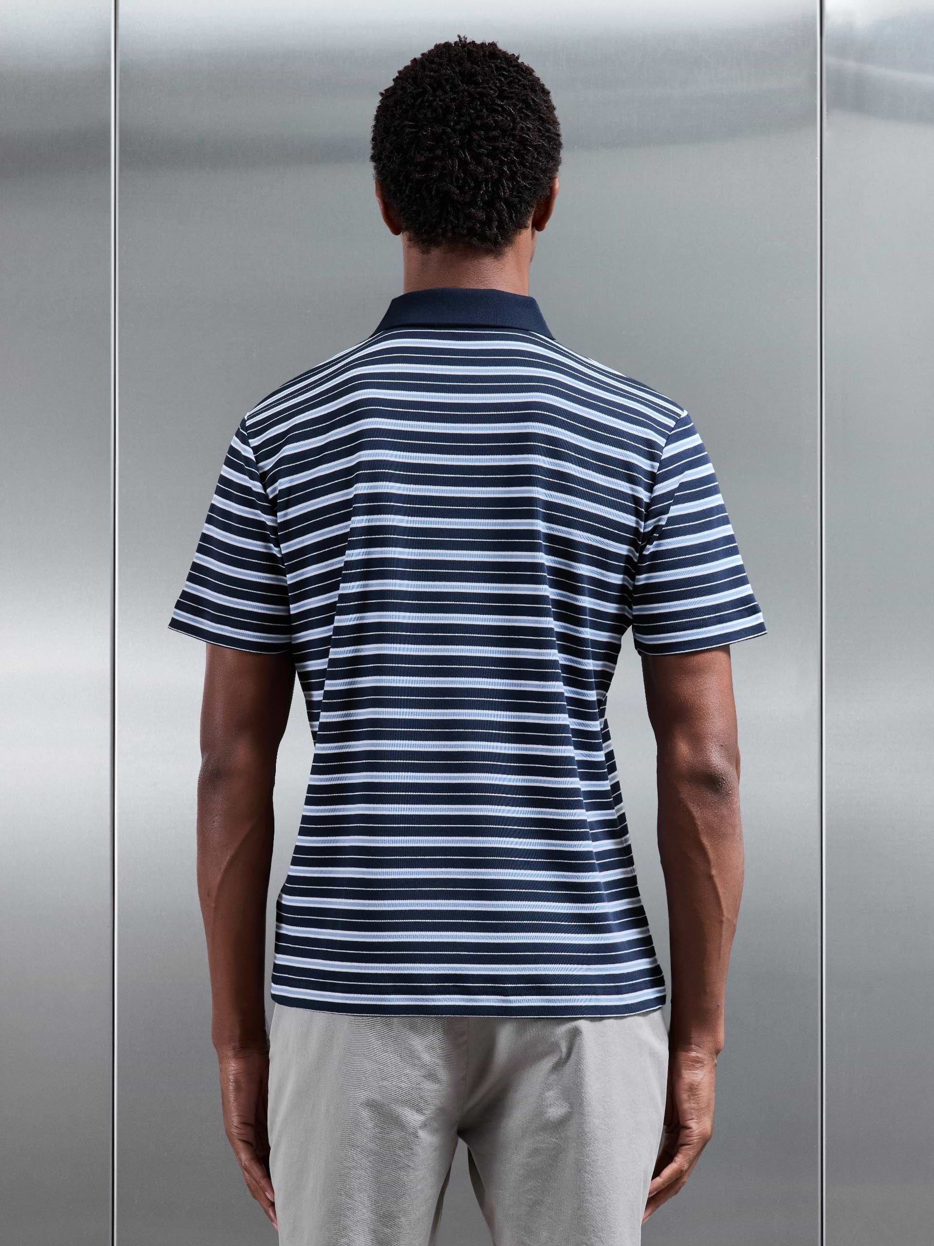Stripe Mercerised Interlock Polo Shirt in Navy
