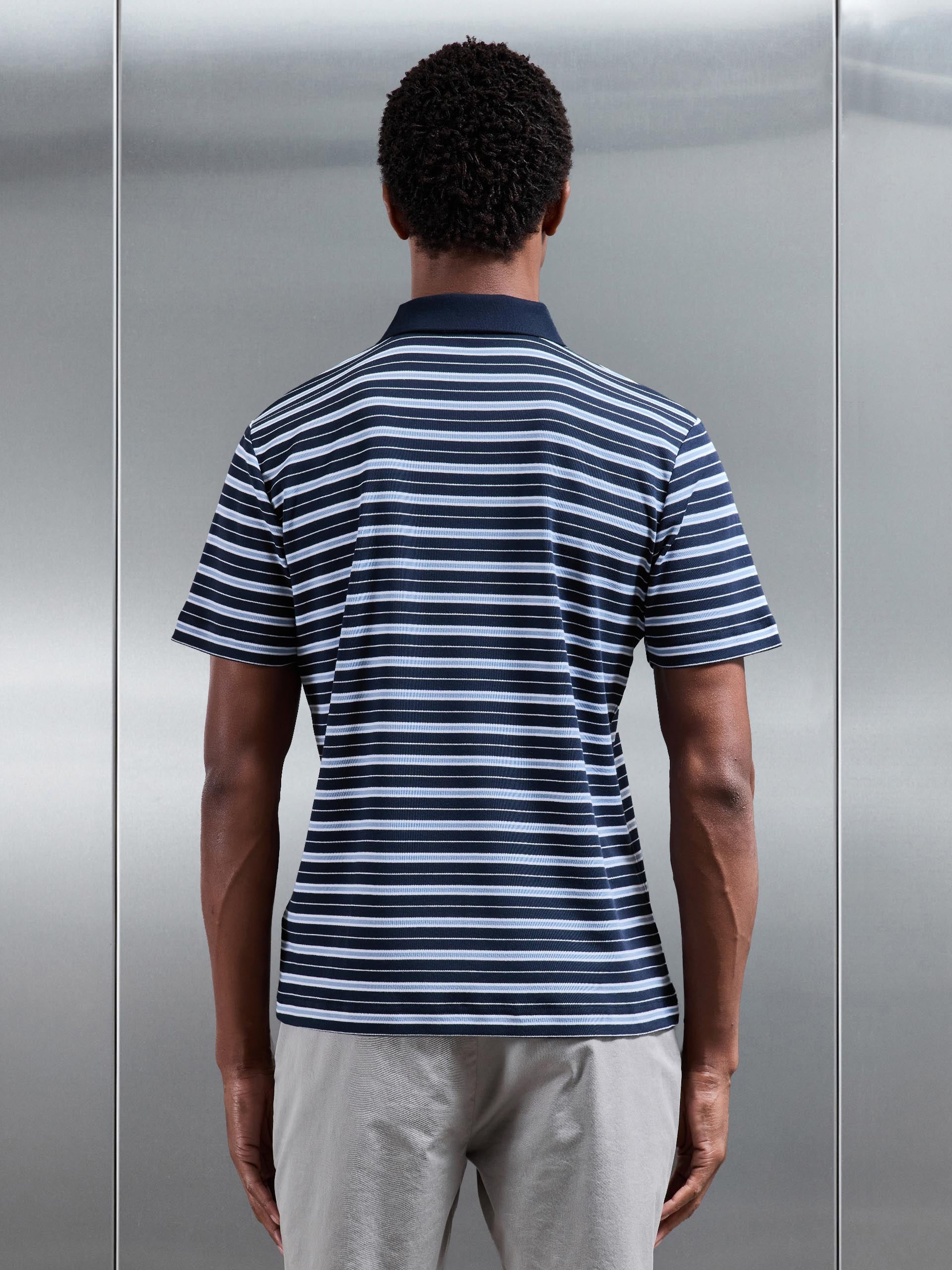 Mens Stripe Mercerised Interlock Polo Shirt in Navy