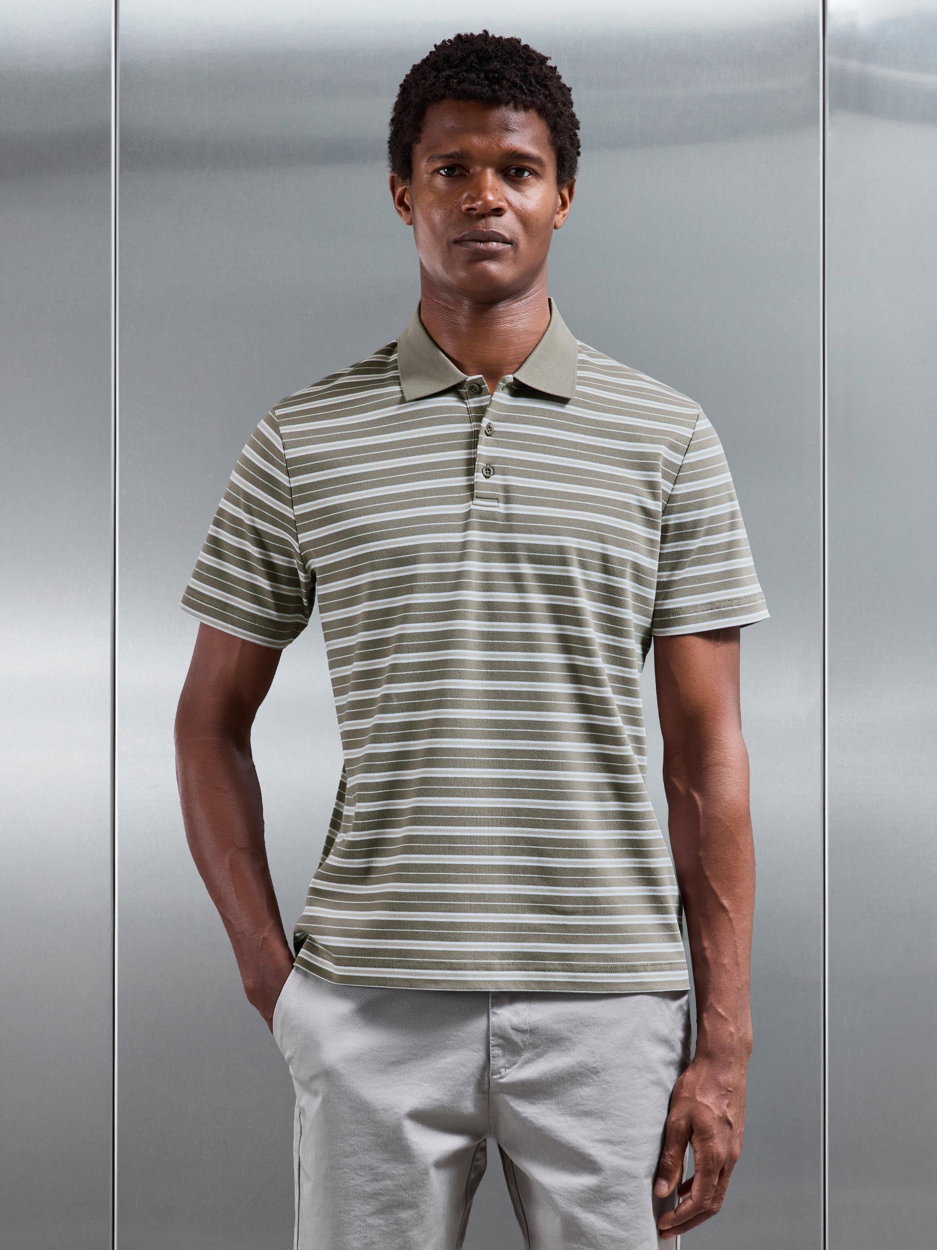Mens Stripe Mercerised Interlock Polo Shirt in Sage