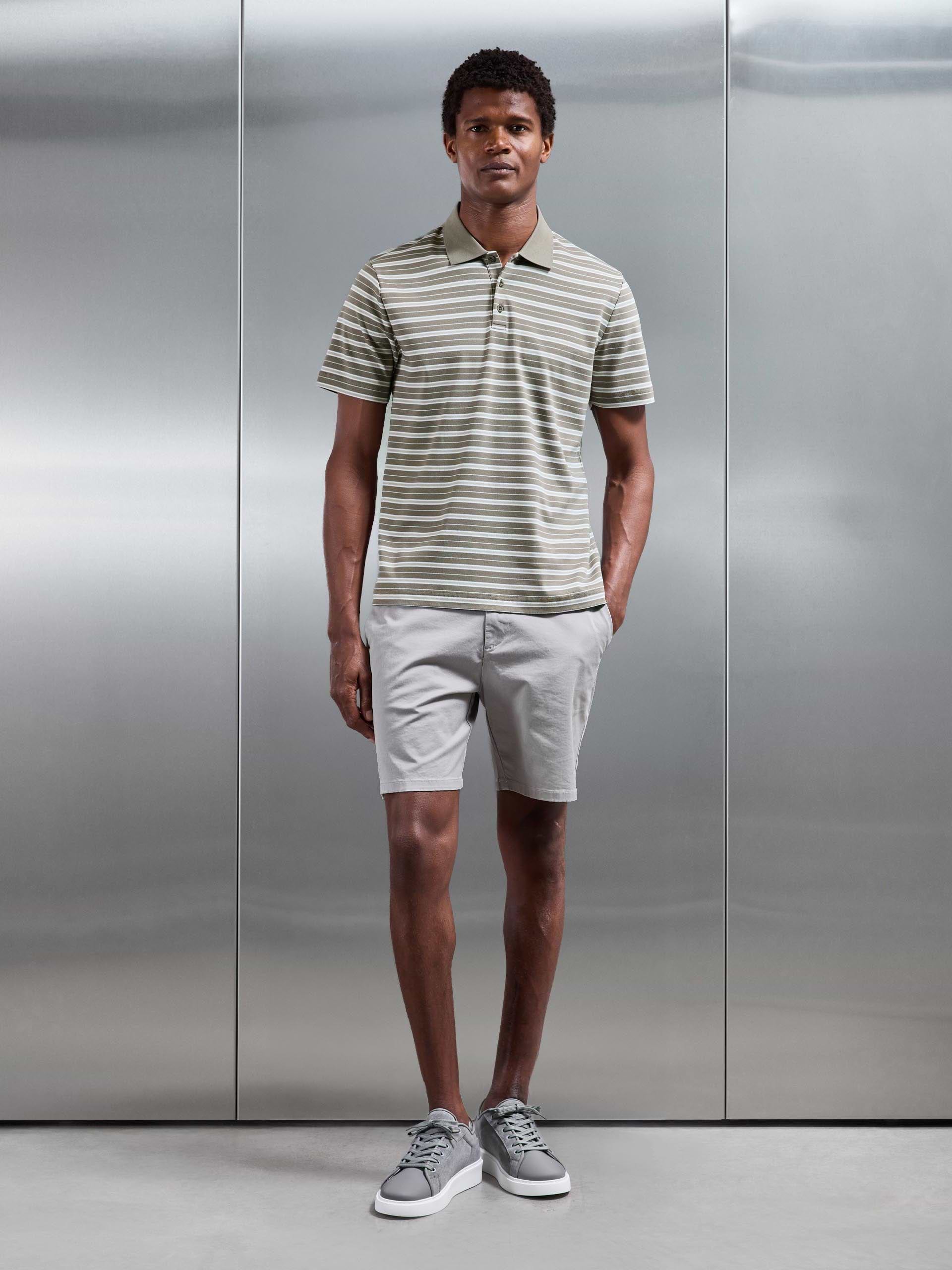Mens Stripe Mercerised Interlock Polo Shirt in Sage