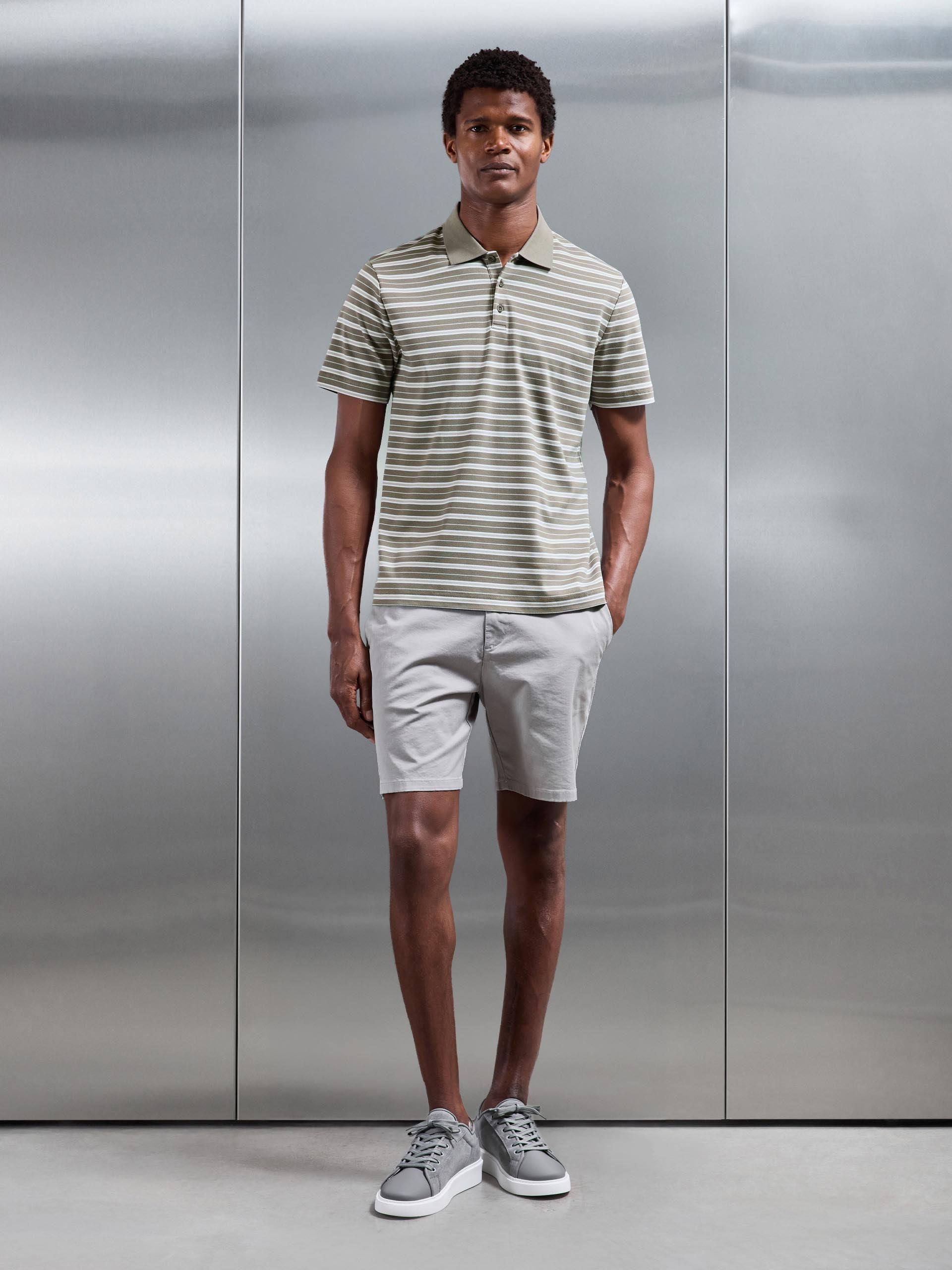 Mens Stripe Mercerised Interlock Polo Shirt in Sage