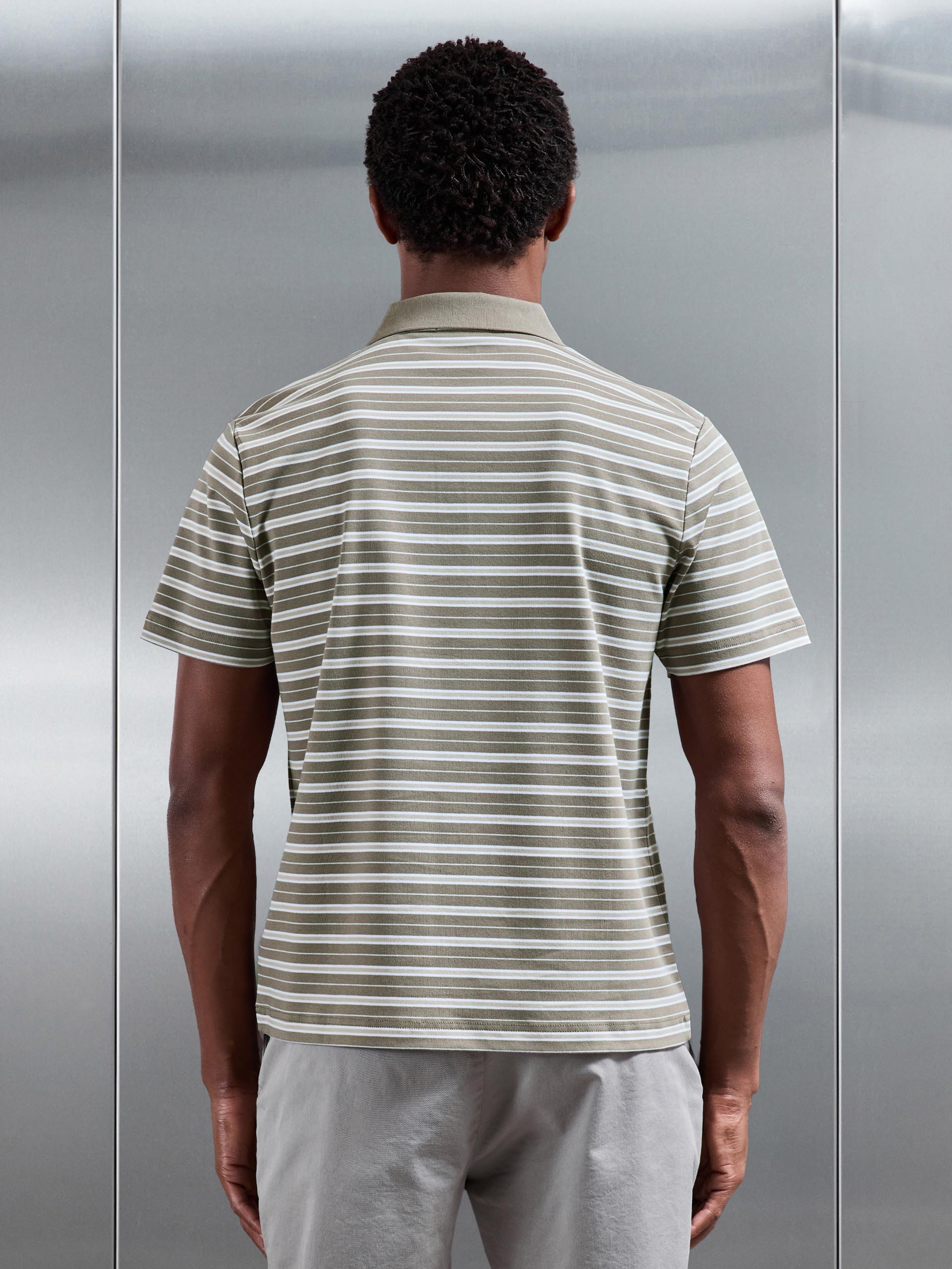 Mens Stripe Mercerised Interlock Polo Shirt in Sage