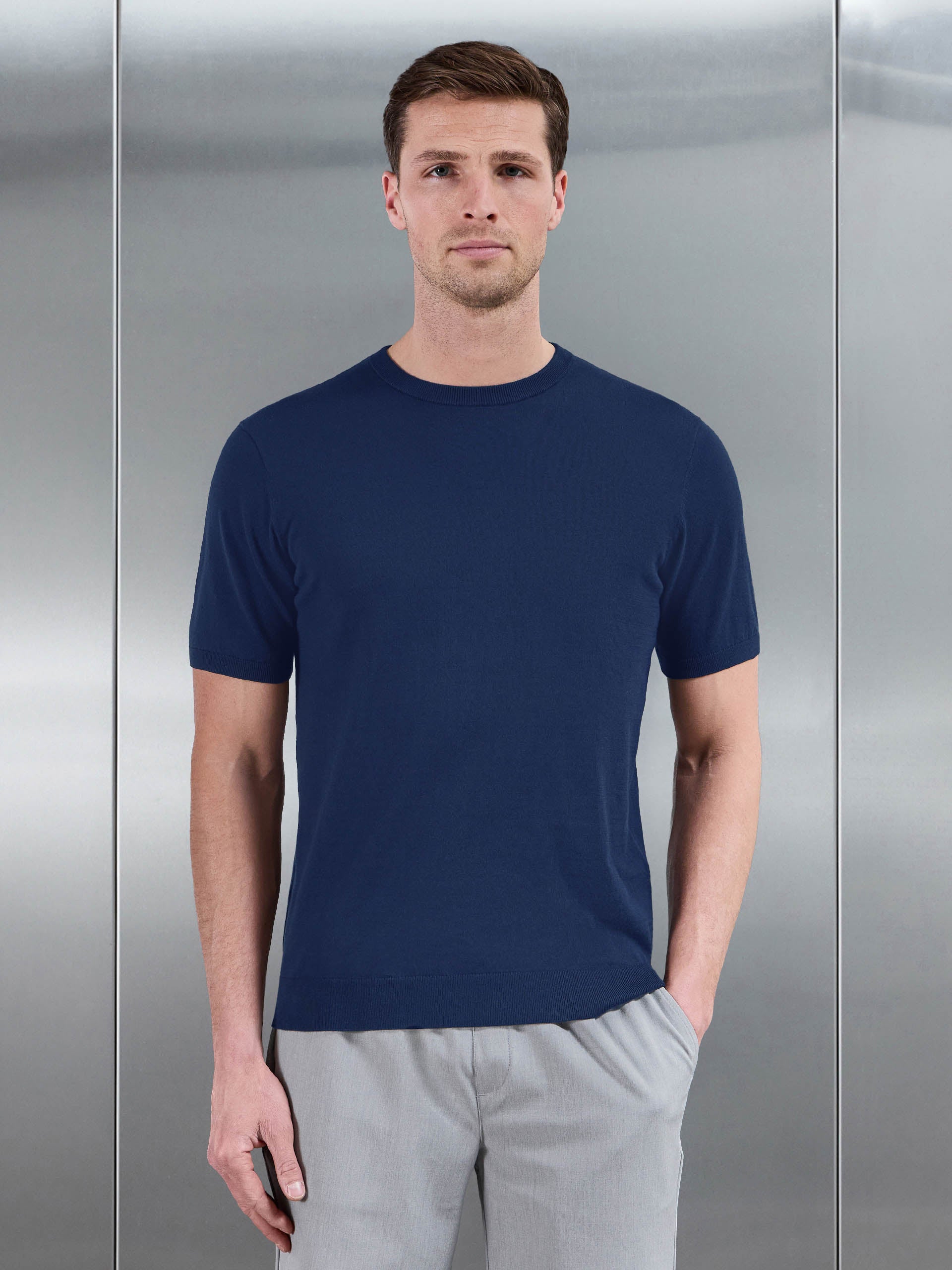 Mens Summer Cotton Knitted T-Shirt in Navy