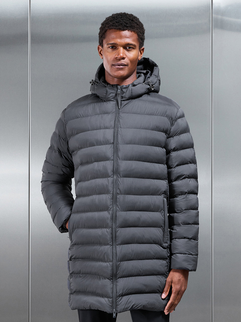 Mens Technical Mid Length Puffer Jacket in Grey