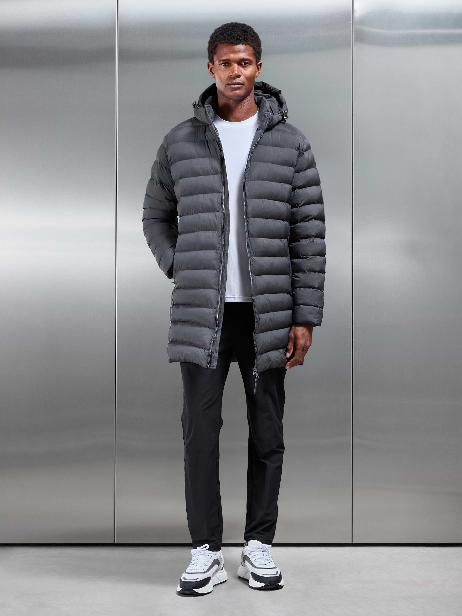 Mens Technical Mid Length Puffer Jacket in Grey