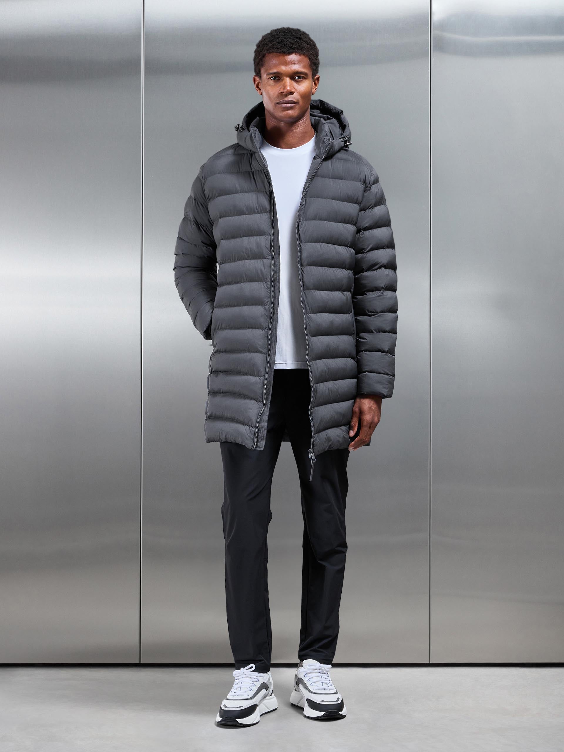 Mens Technical Mid Length Puffer Jacket in Grey
