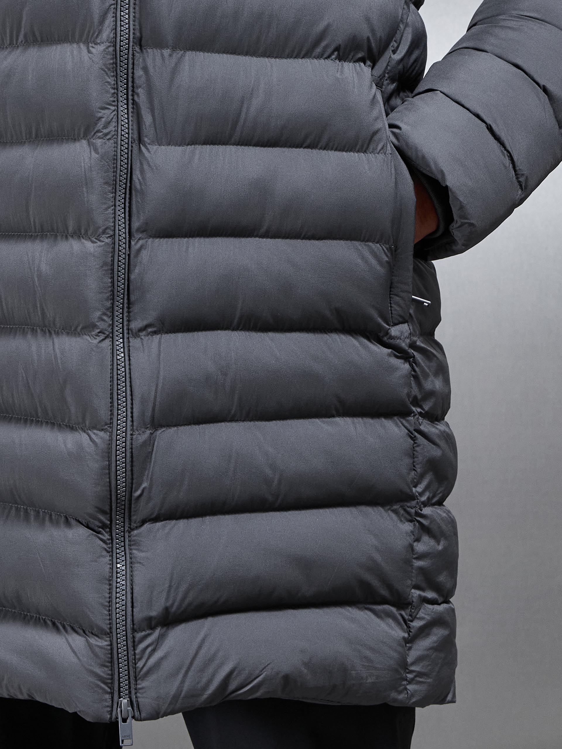 Mens Technical Mid Length Puffer Jacket in Grey