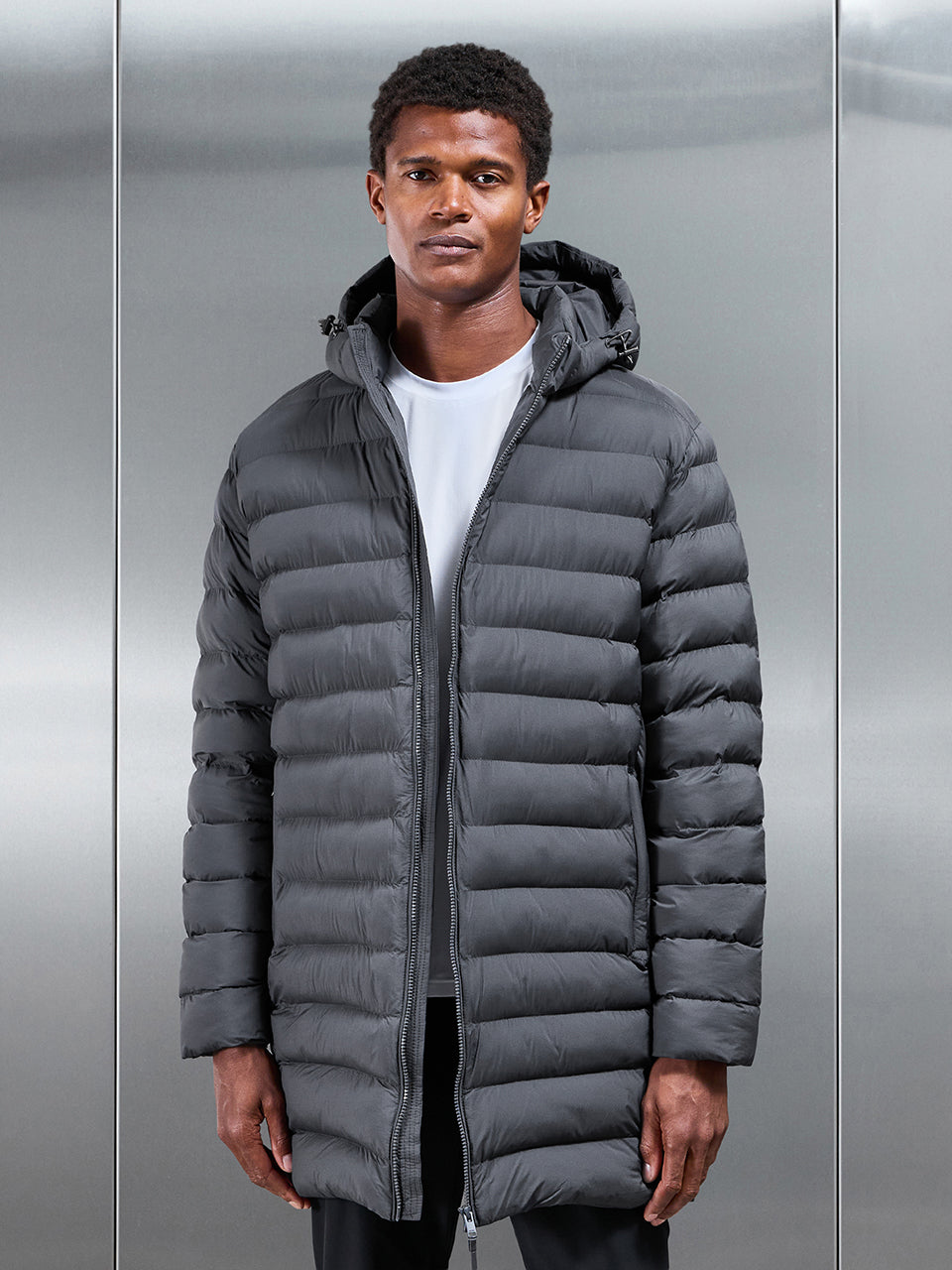 Mens Technical Mid Length Puffer Jacket in Grey