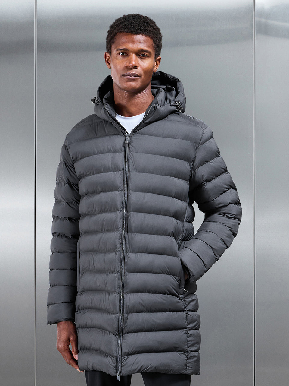 Mens Technical Mid Length Puffer Jacket in Grey