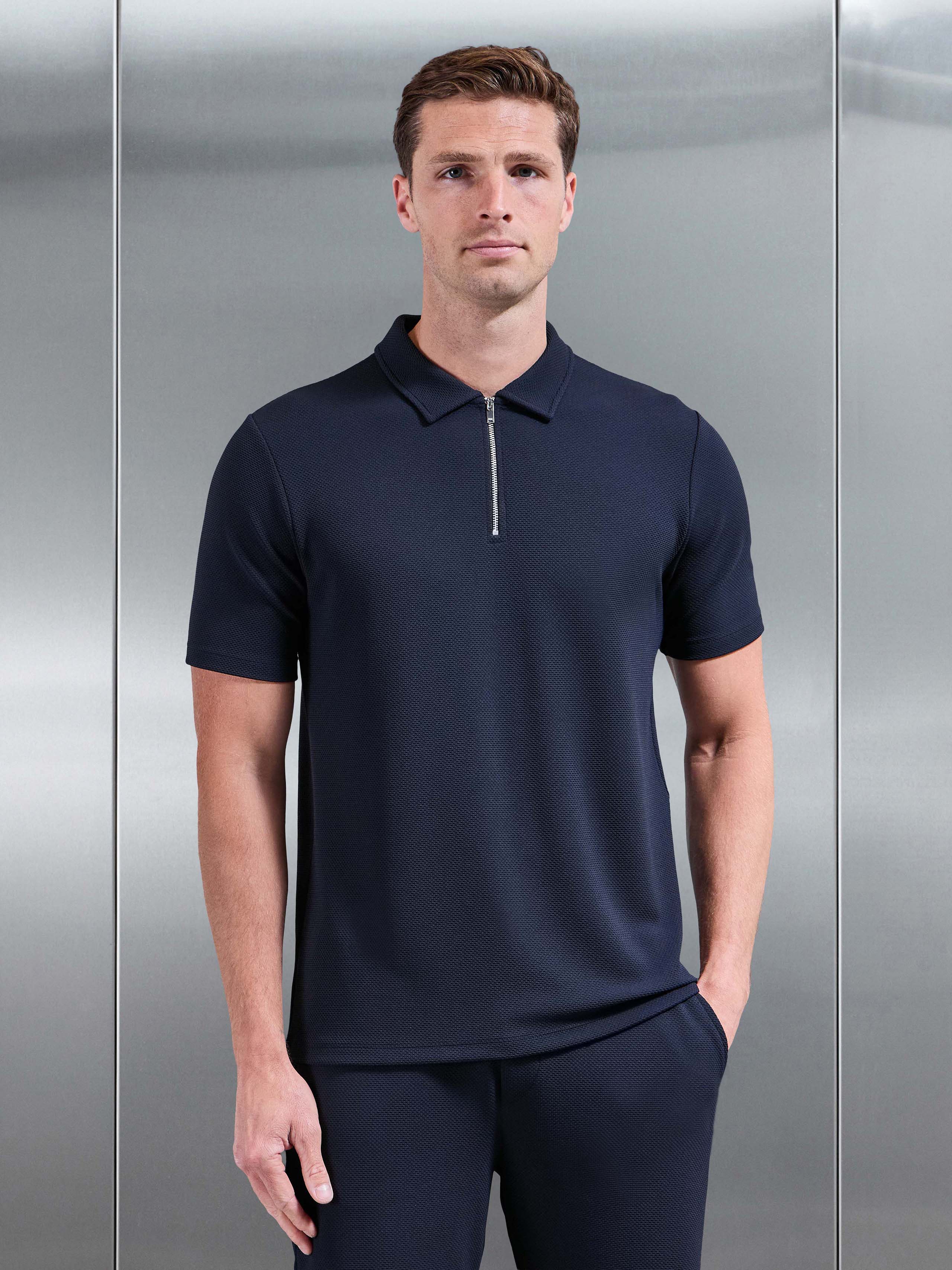 Mens Textured Jersey Zip Polo Shirt in Navy