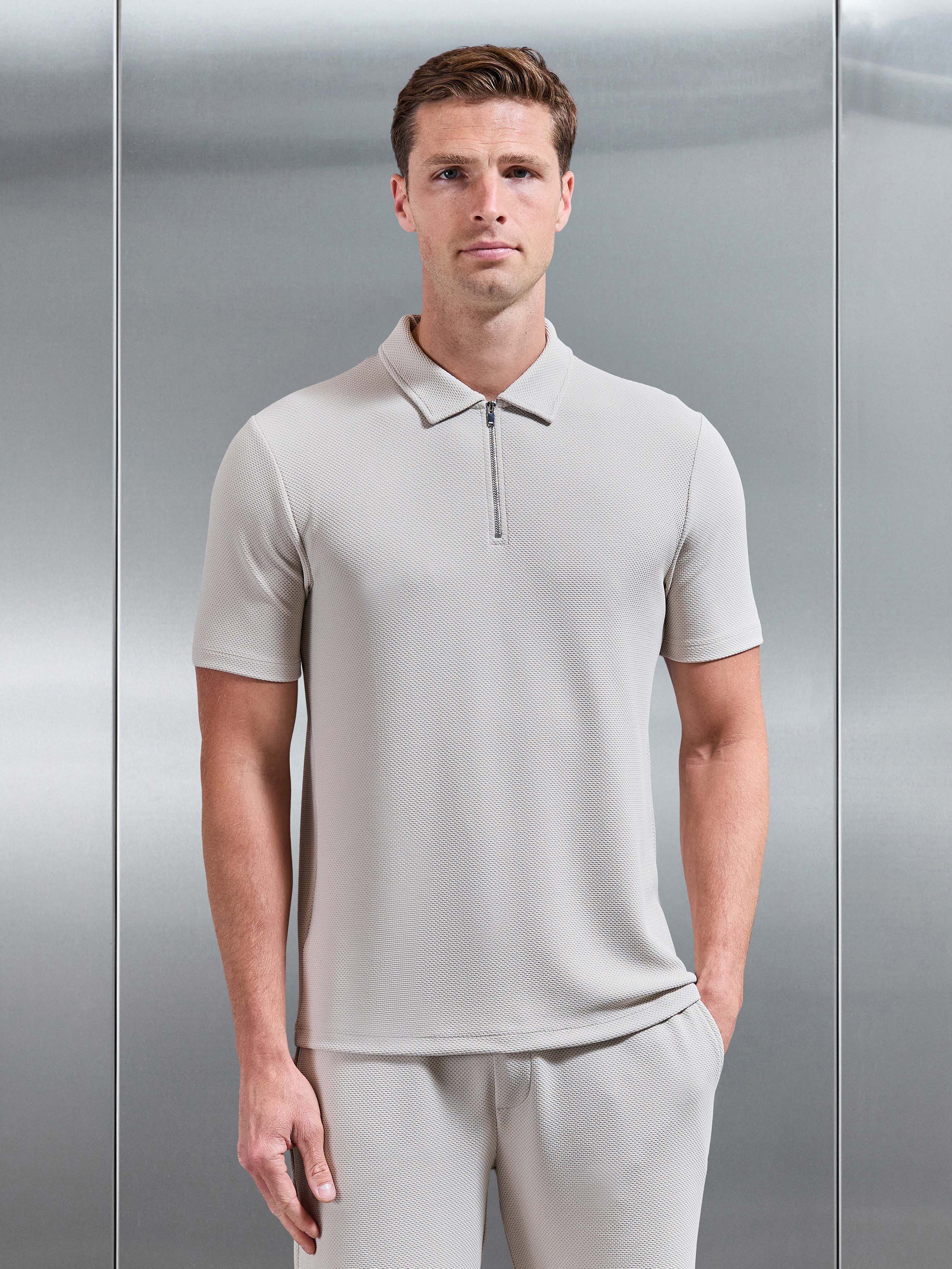 Mens Textured Jersey Zip Polo Shirt in Stone