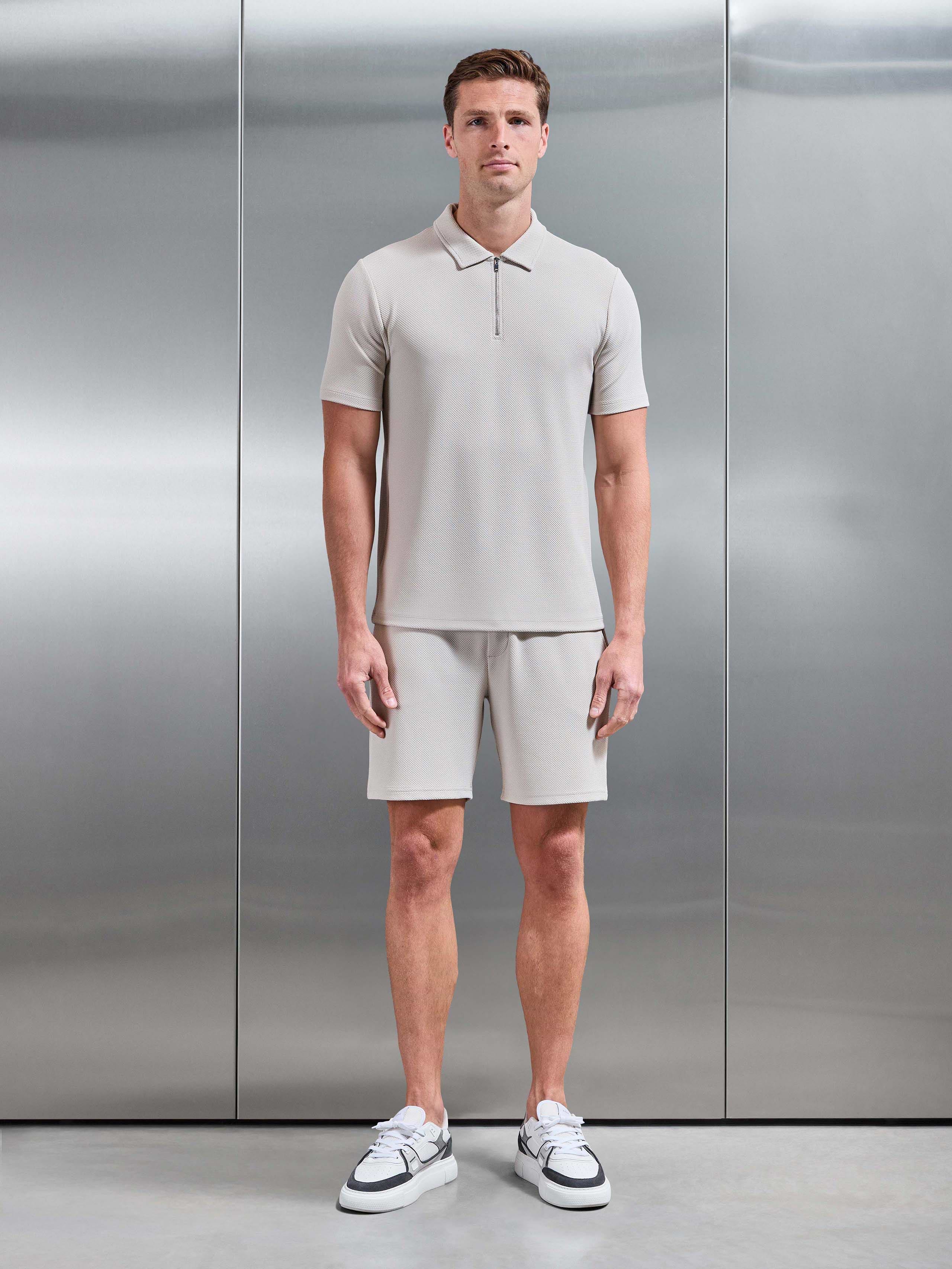 Mens Textured Jersey Zip Polo Shirt in Stone