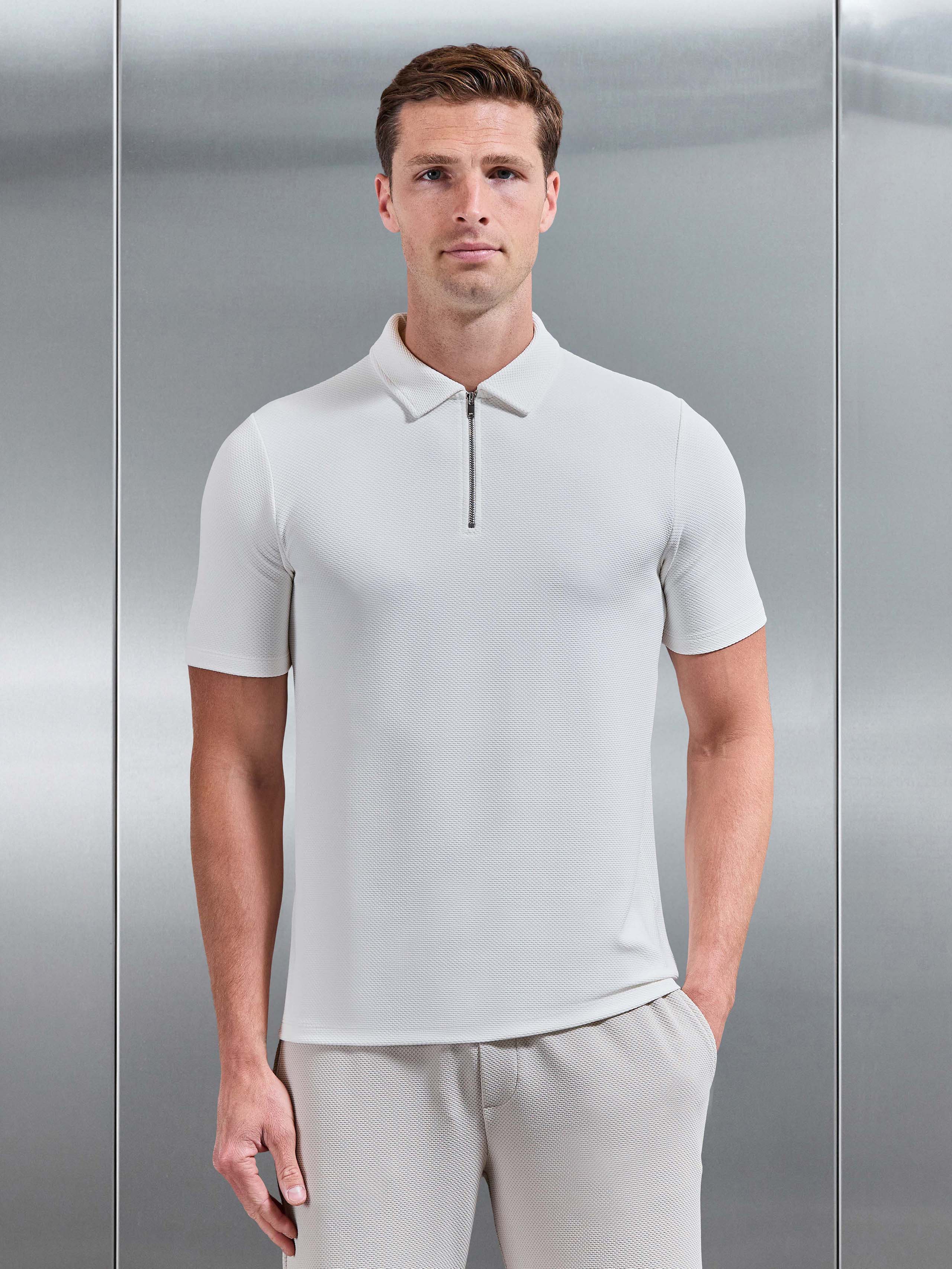 Mens Textured Jersey Zip Polo Shirt in White