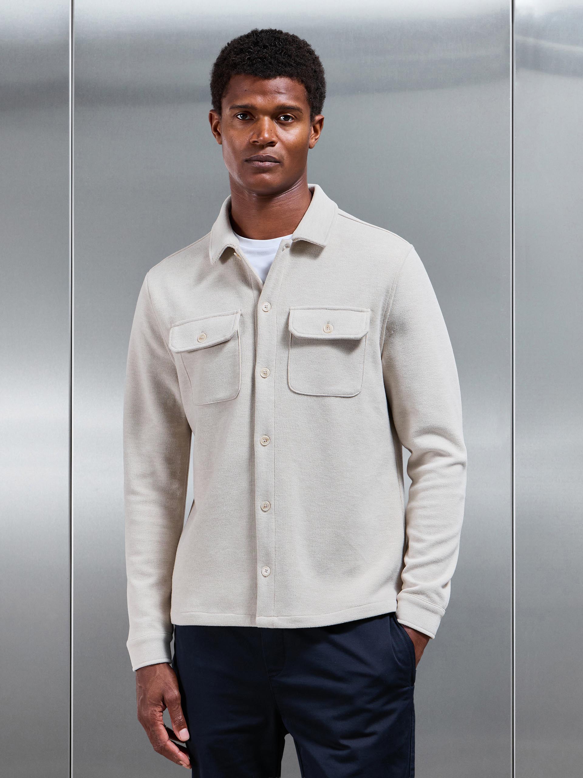 Mens Textured Knitted Overshirt in Stone