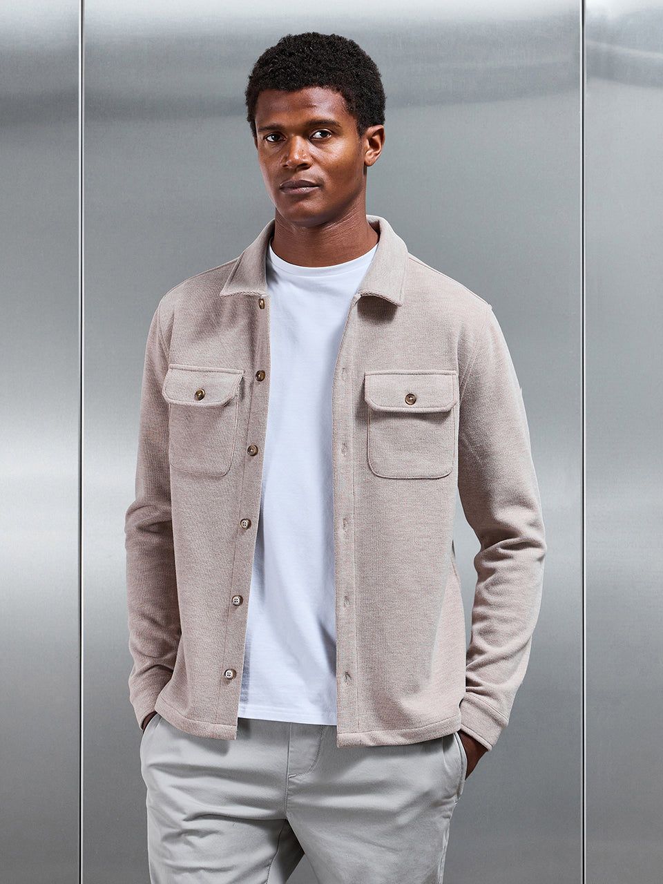 Mens Textured Knitted Overshirt in Taupe