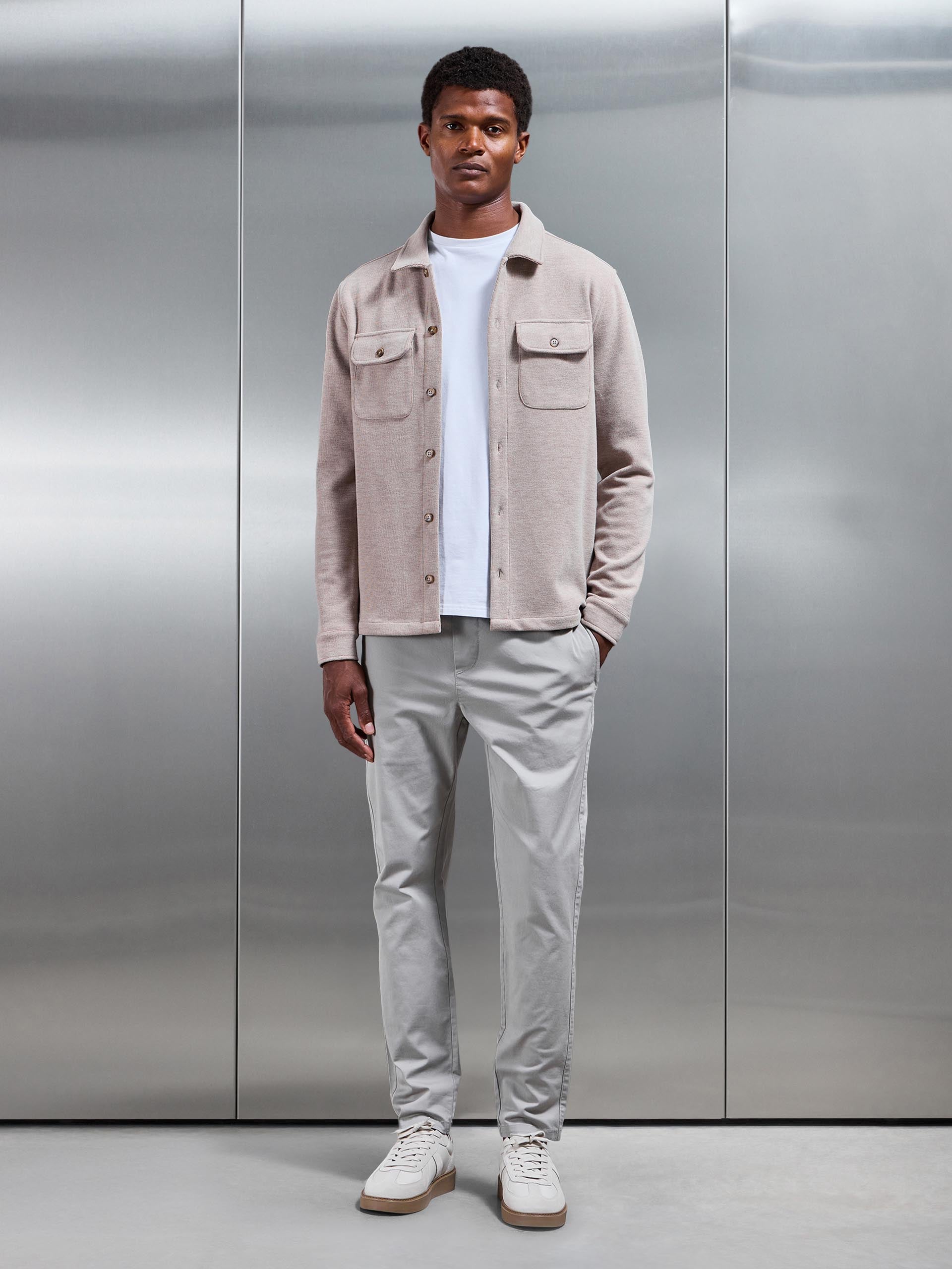 Mens Textured Knitted Overshirt in Taupe