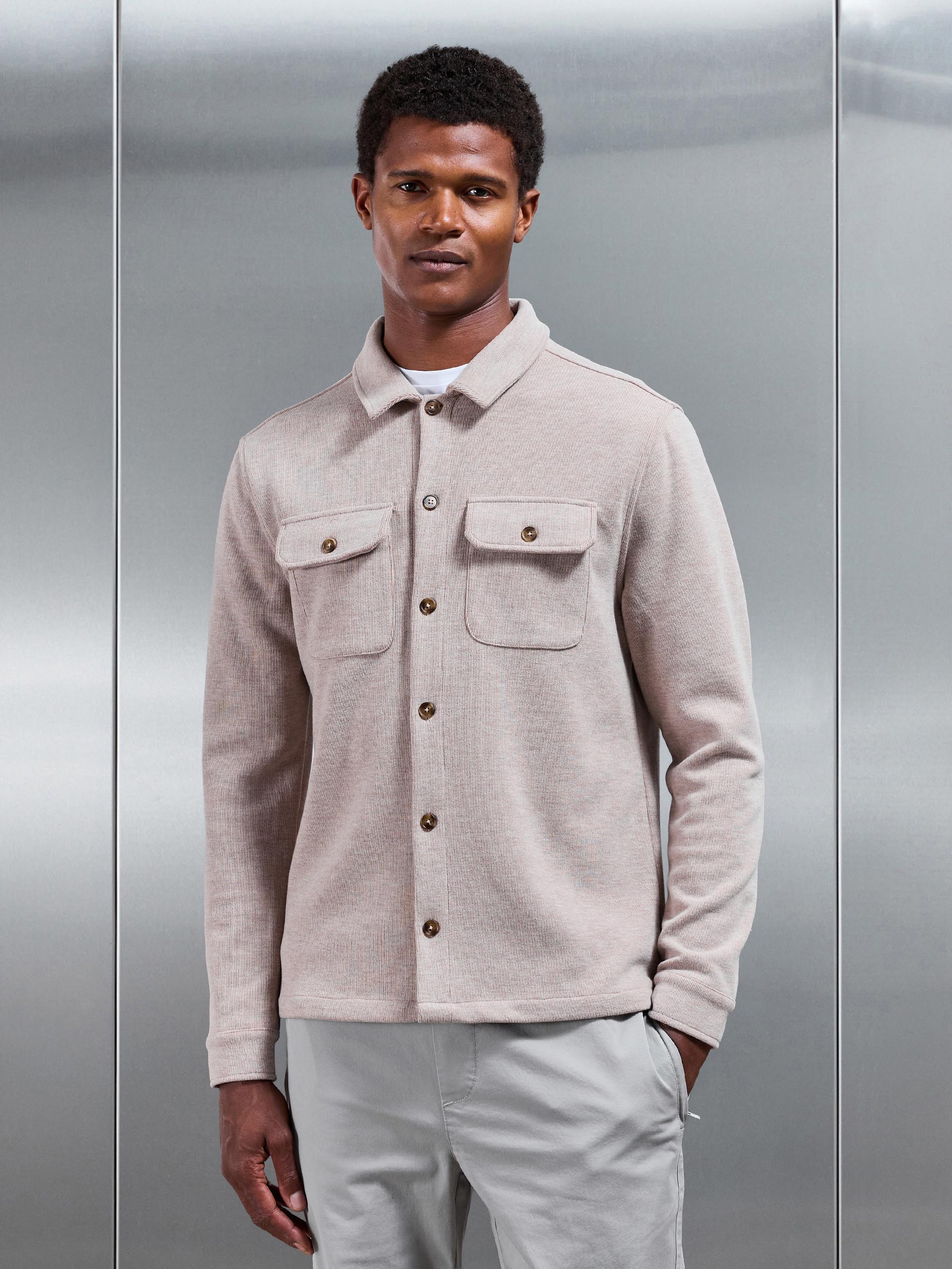 Mens Textured Knitted Overshirt in Taupe