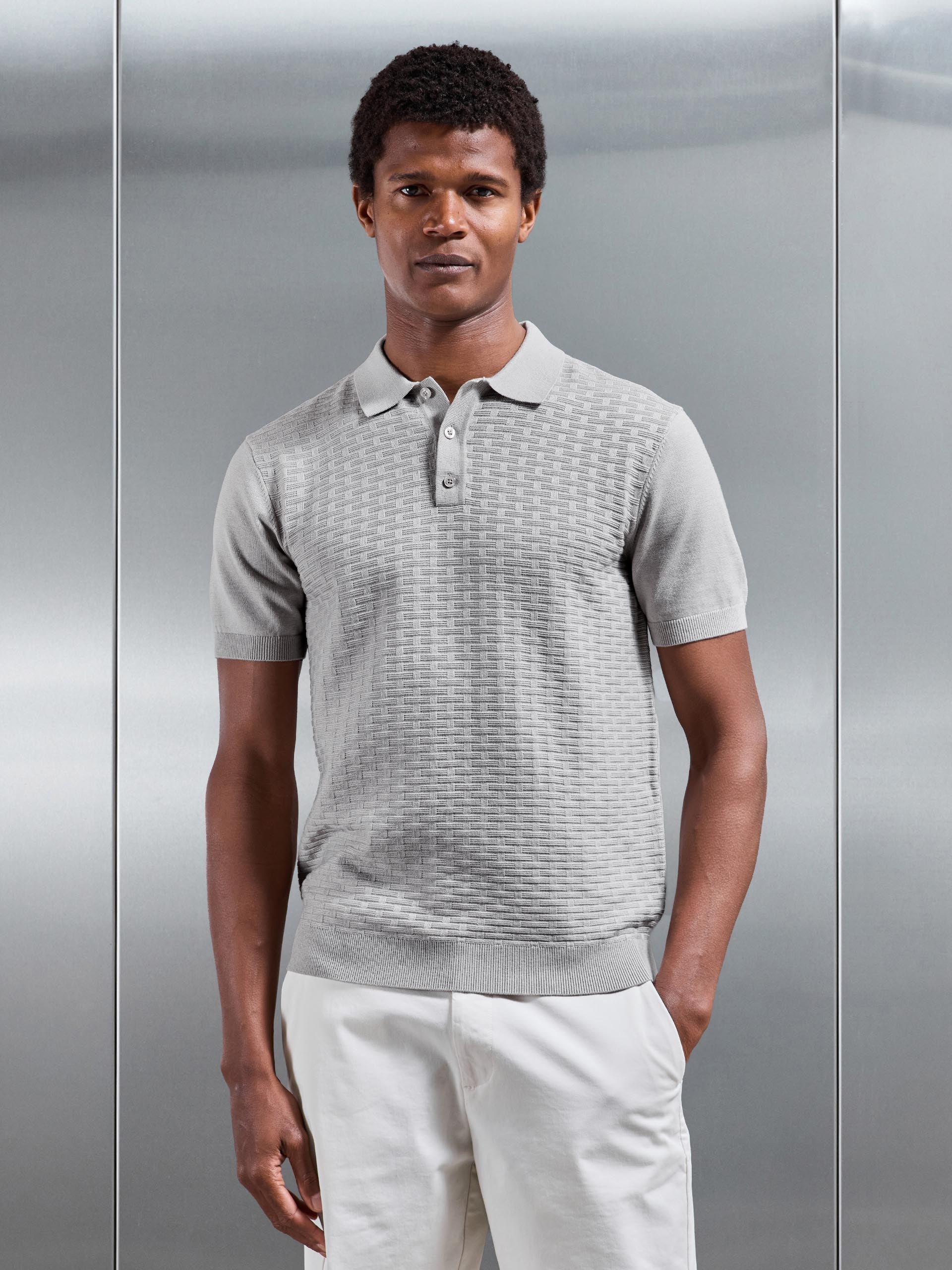Mens Textured Knitted Polo Shirt in Stone