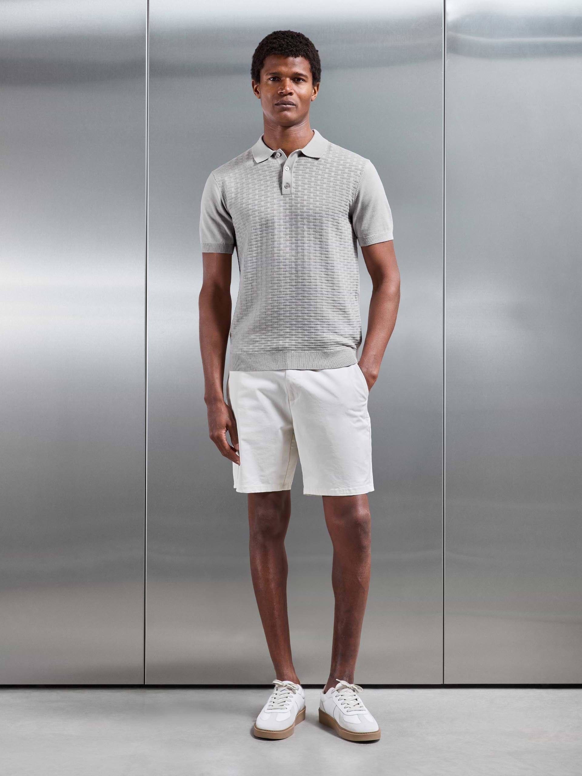 Mens Textured Knitted Polo Shirt in Stone
