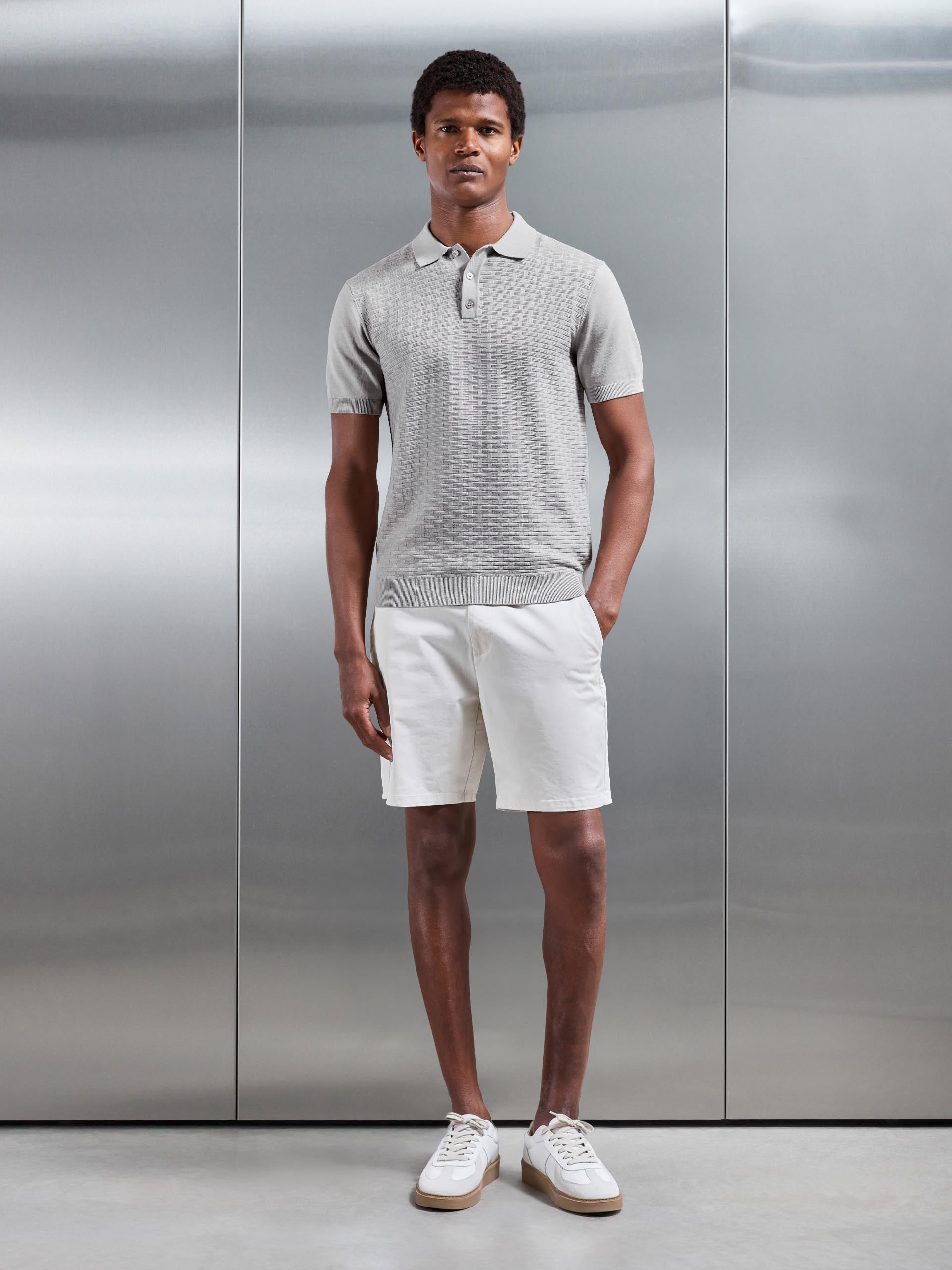 Mens Textured Knitted Polo Shirt in Stone
