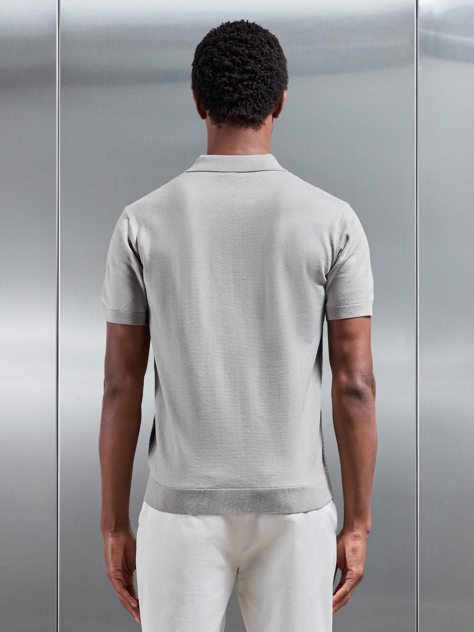 Mens Textured Knitted Polo Shirt in Stone