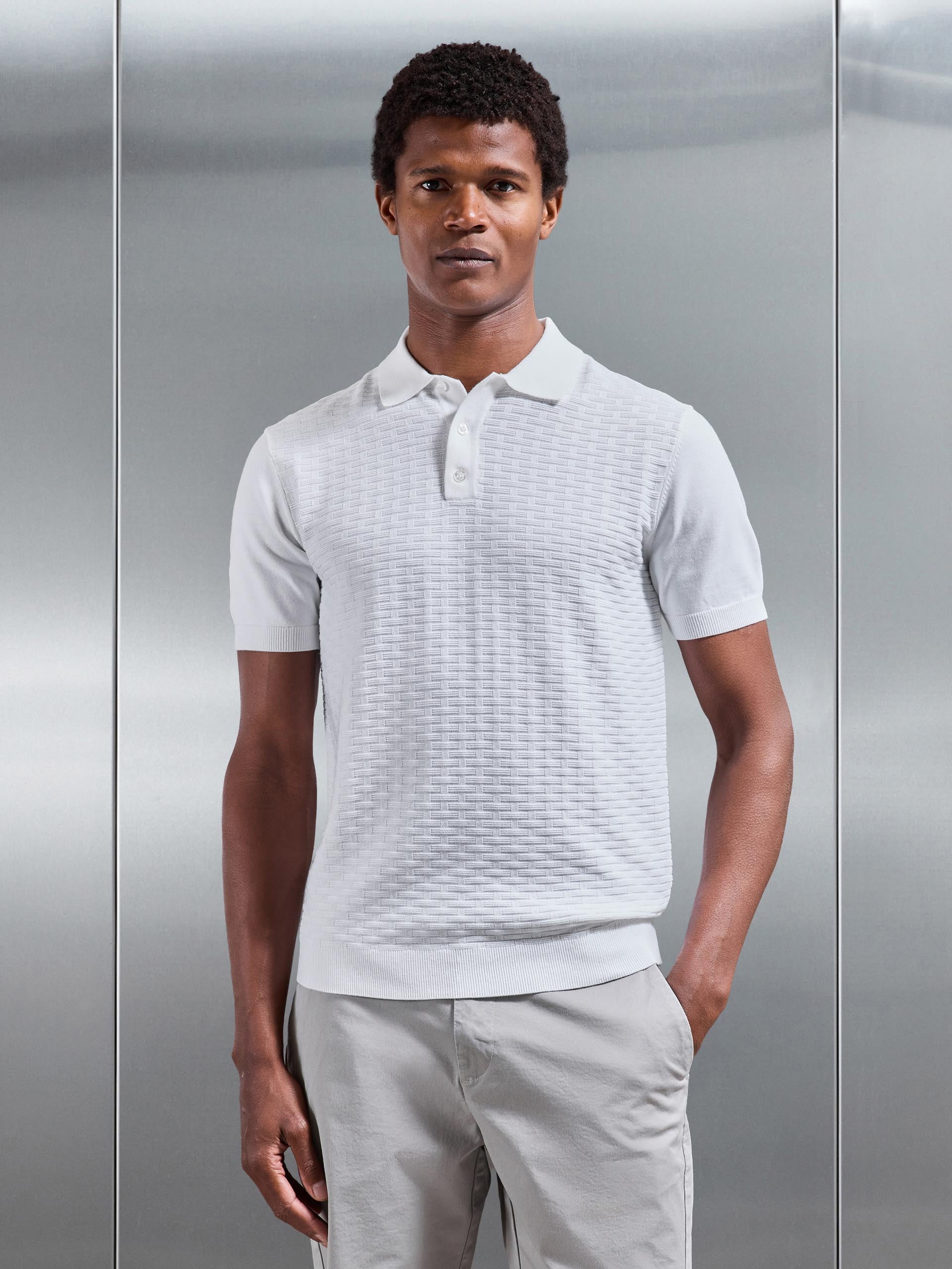 Mens Textured Knitted Polo Shirt in White