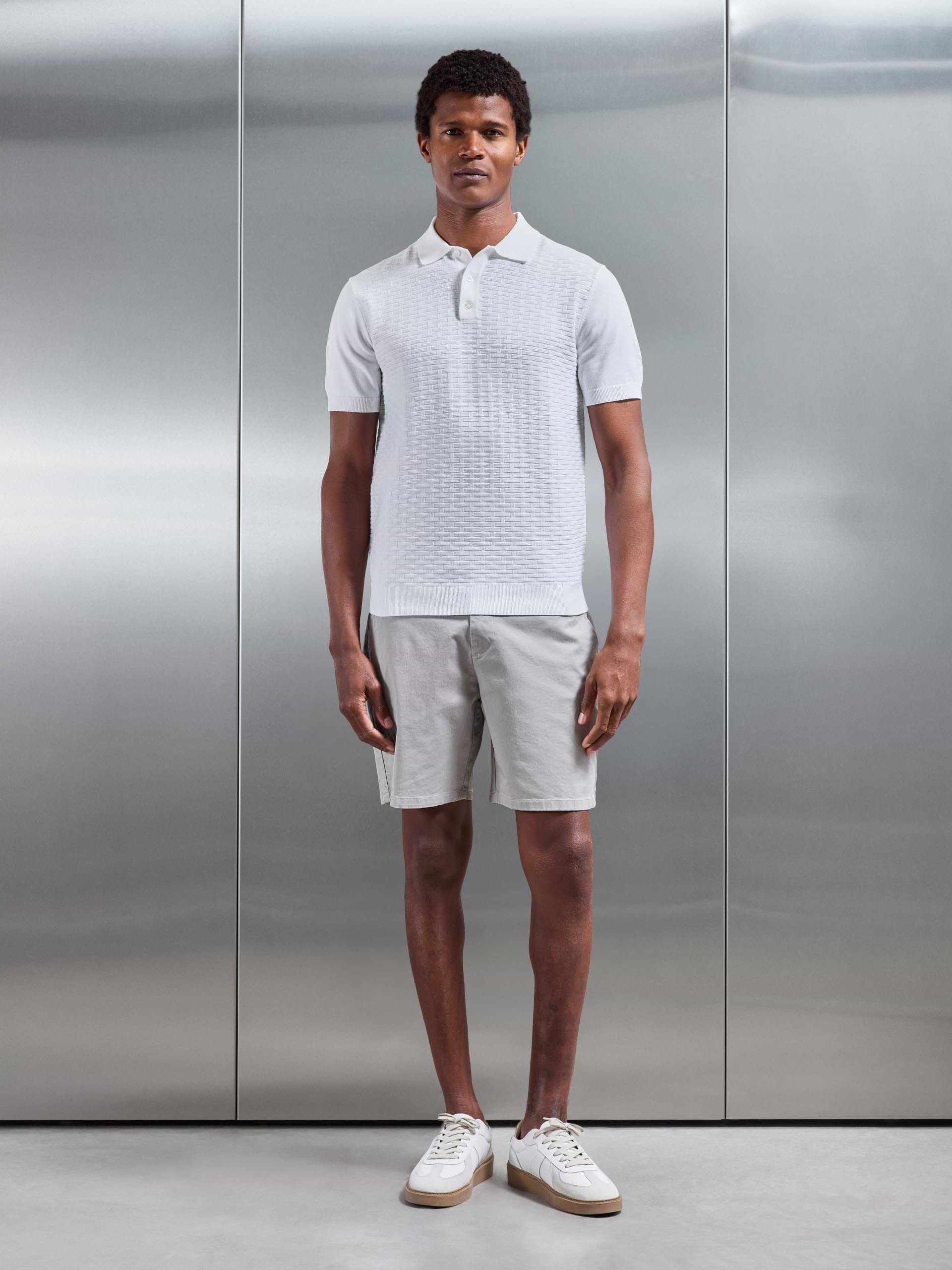 Mens Textured Knitted Polo Shirt in White