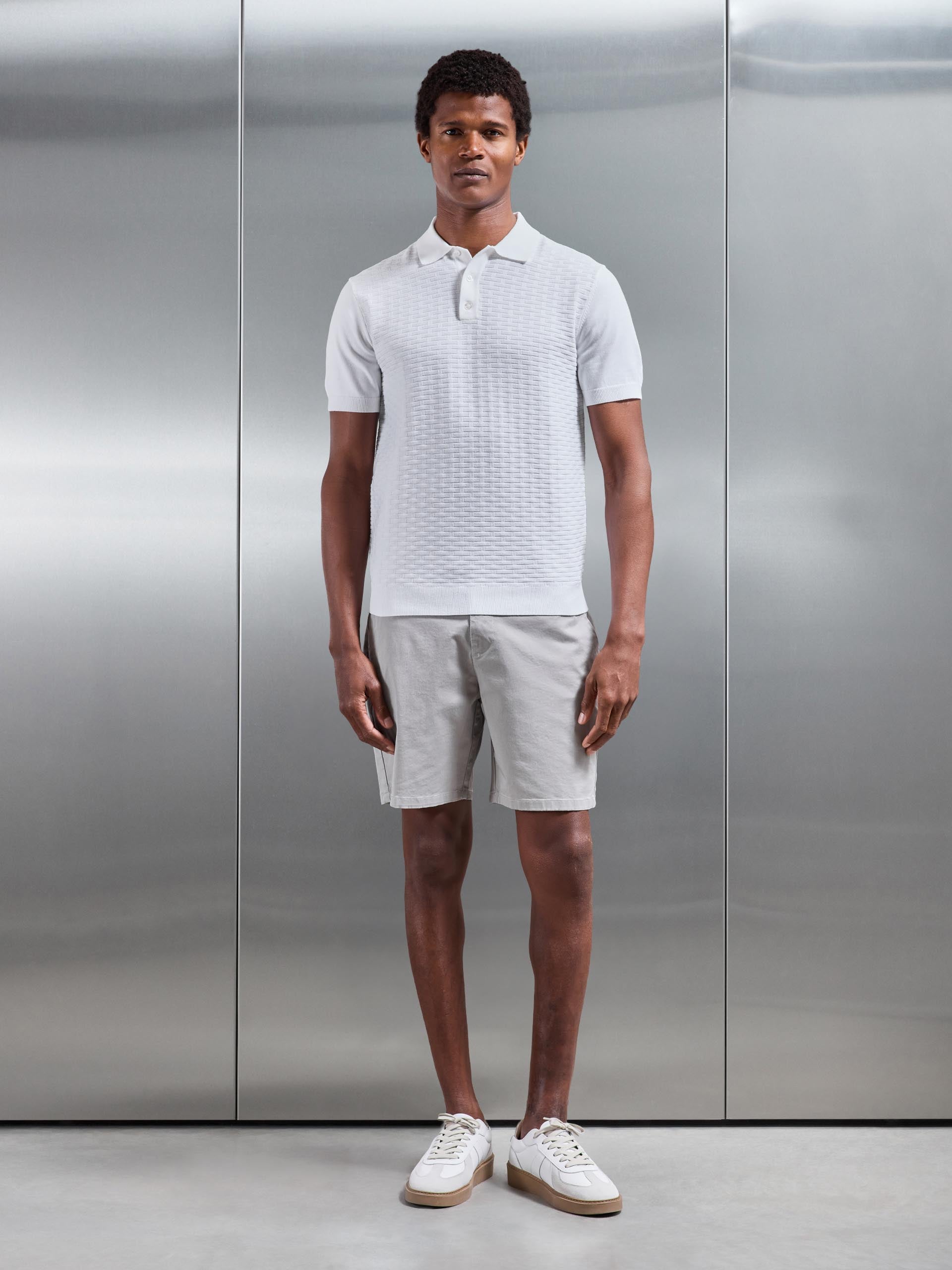 Mens Textured Knitted Polo Shirt in White