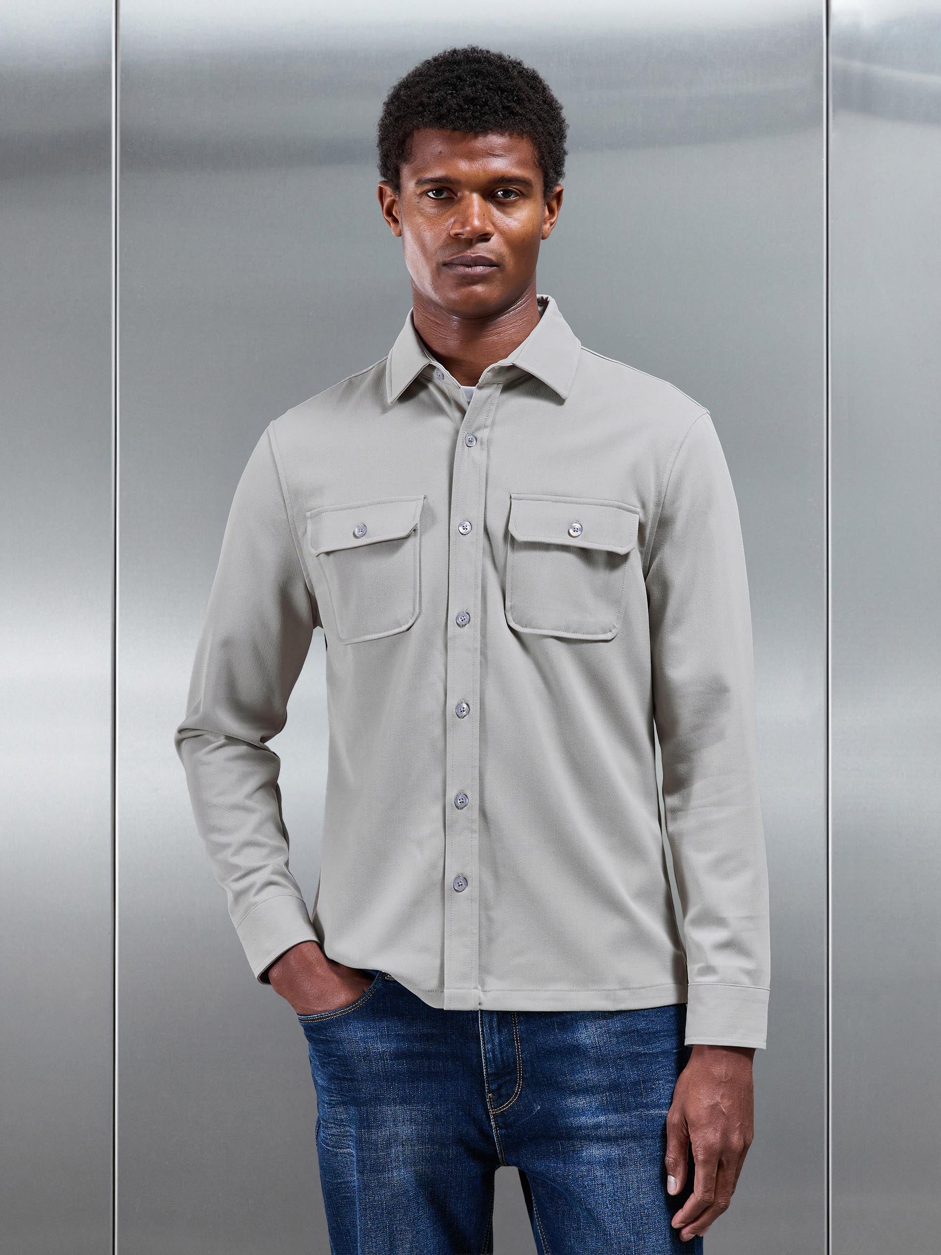 Mens Textured Overshirt in Stone