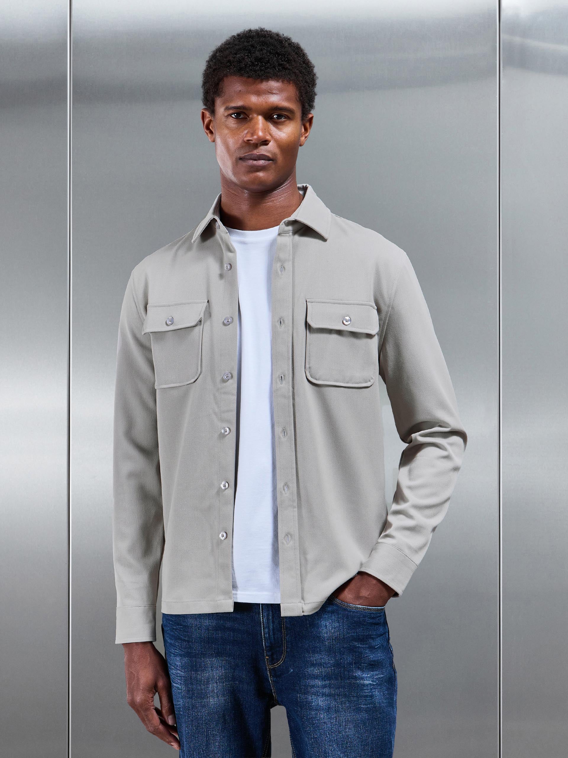 Mens Textured Overshirt in Stone