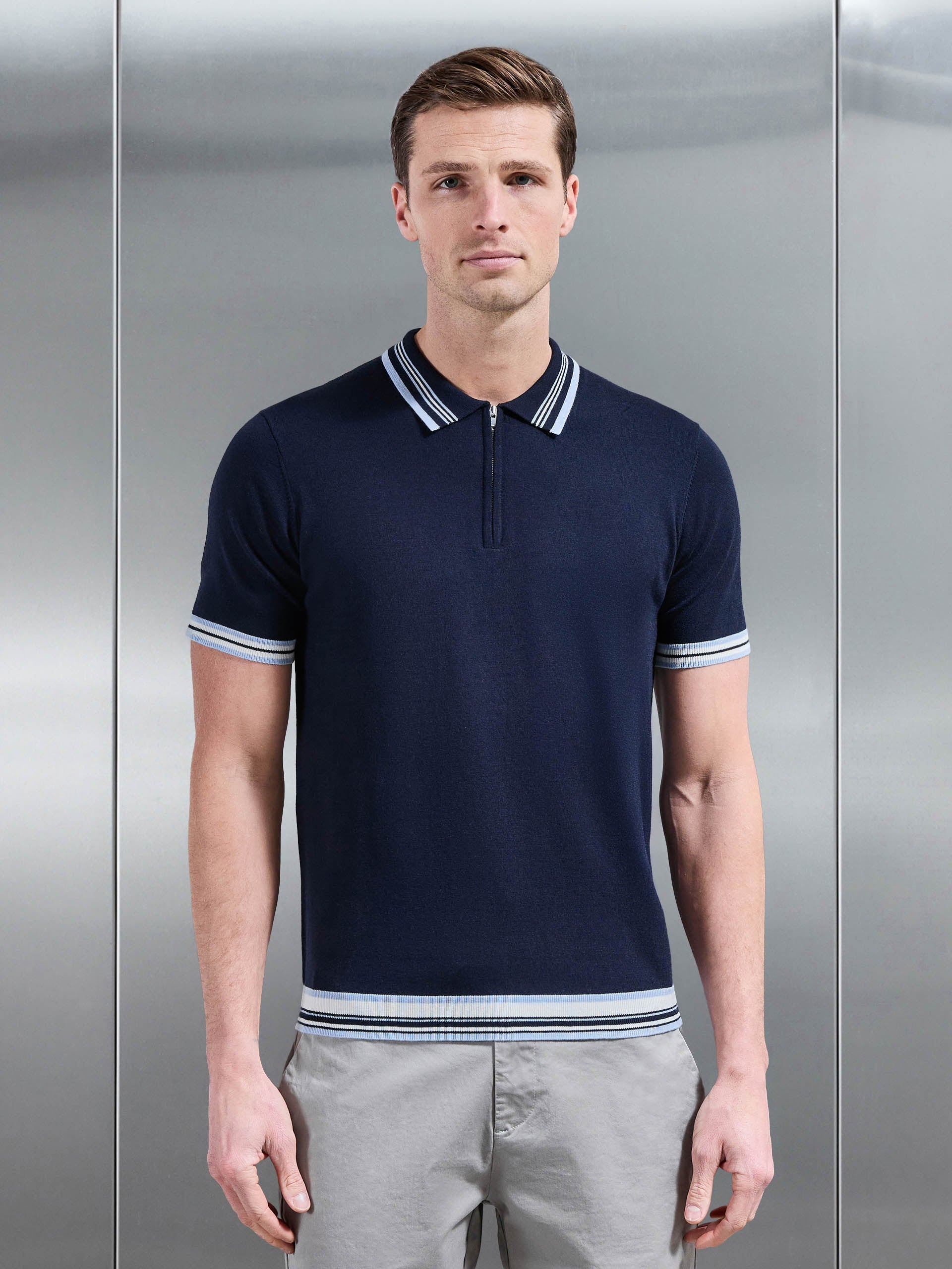 Mens Tipped Knitted Polo Shirt in Navy