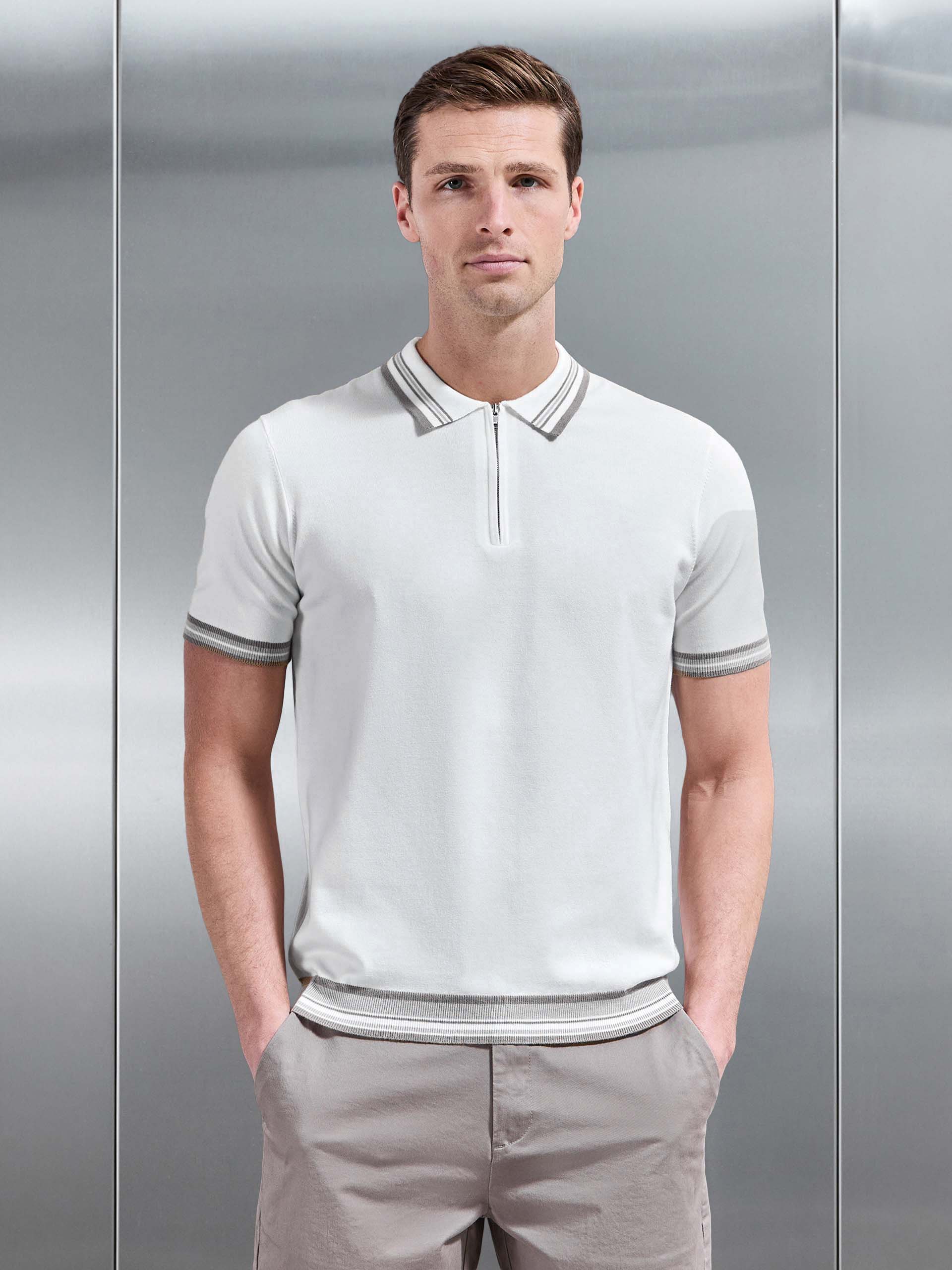Mens Tipped Knitted Polo Shirt in White