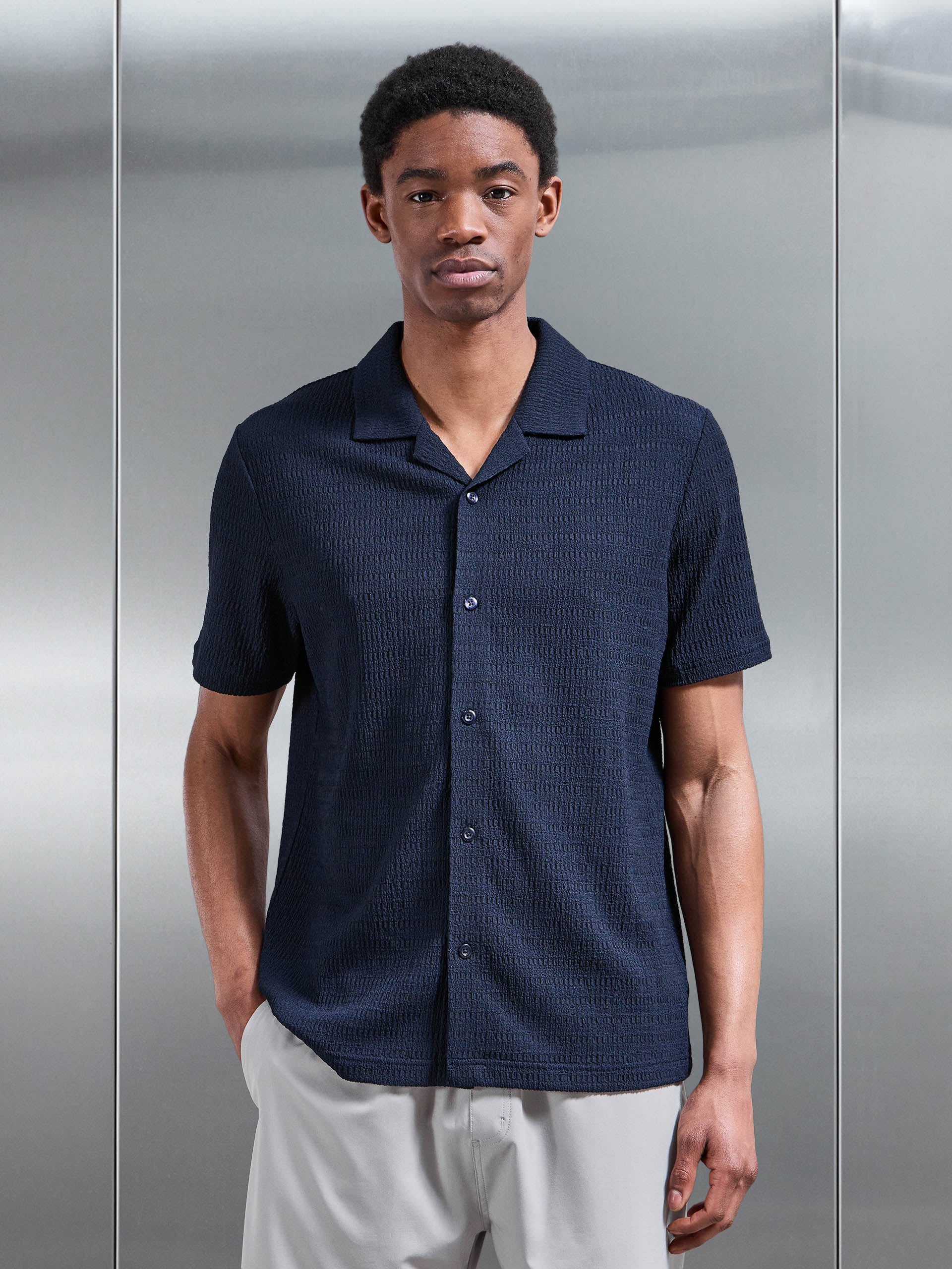 Mens To The Beach Revere Collar Shirt in Navy