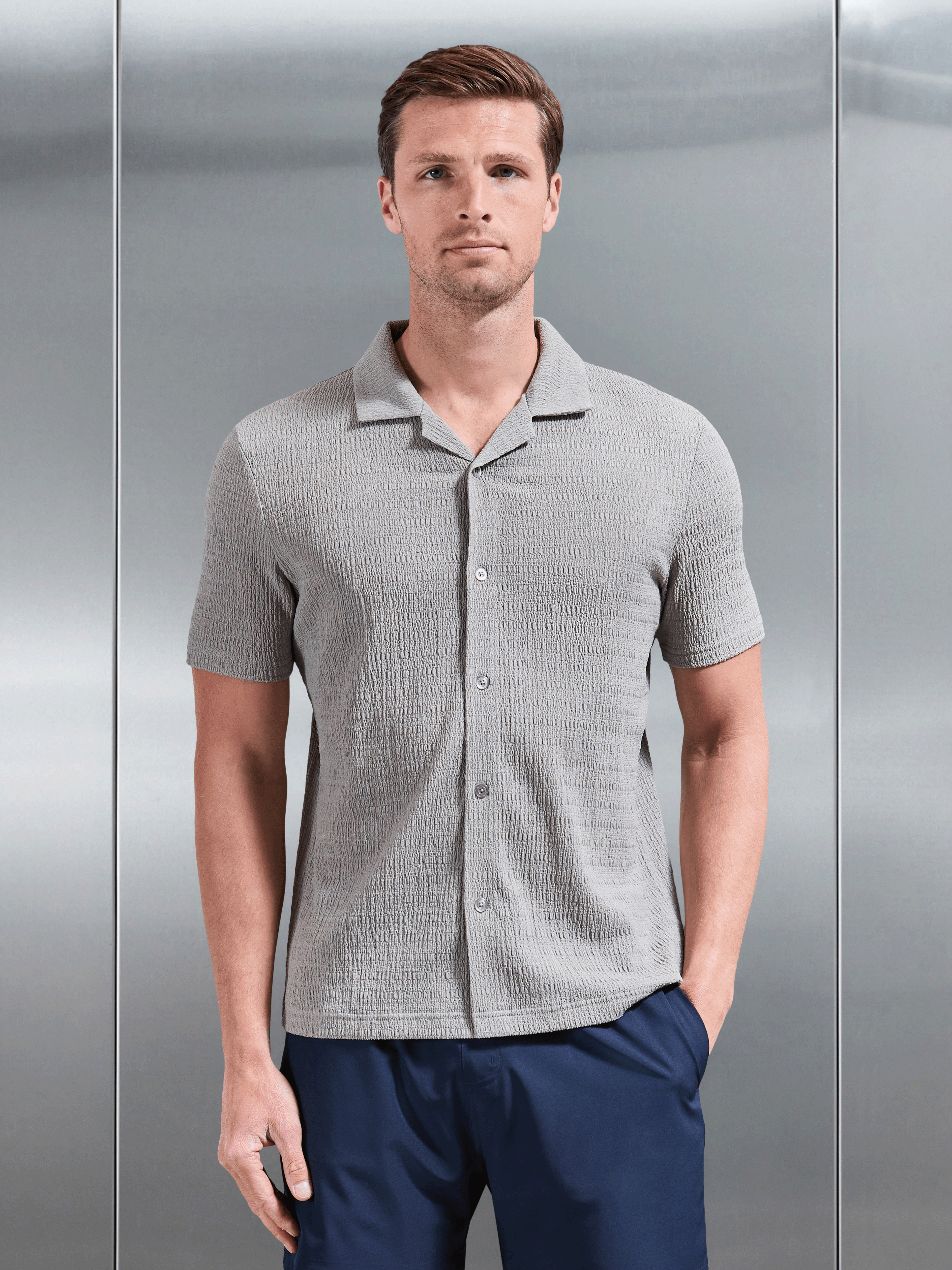 Mens To The Beach Revere Collar Shirt in Stone