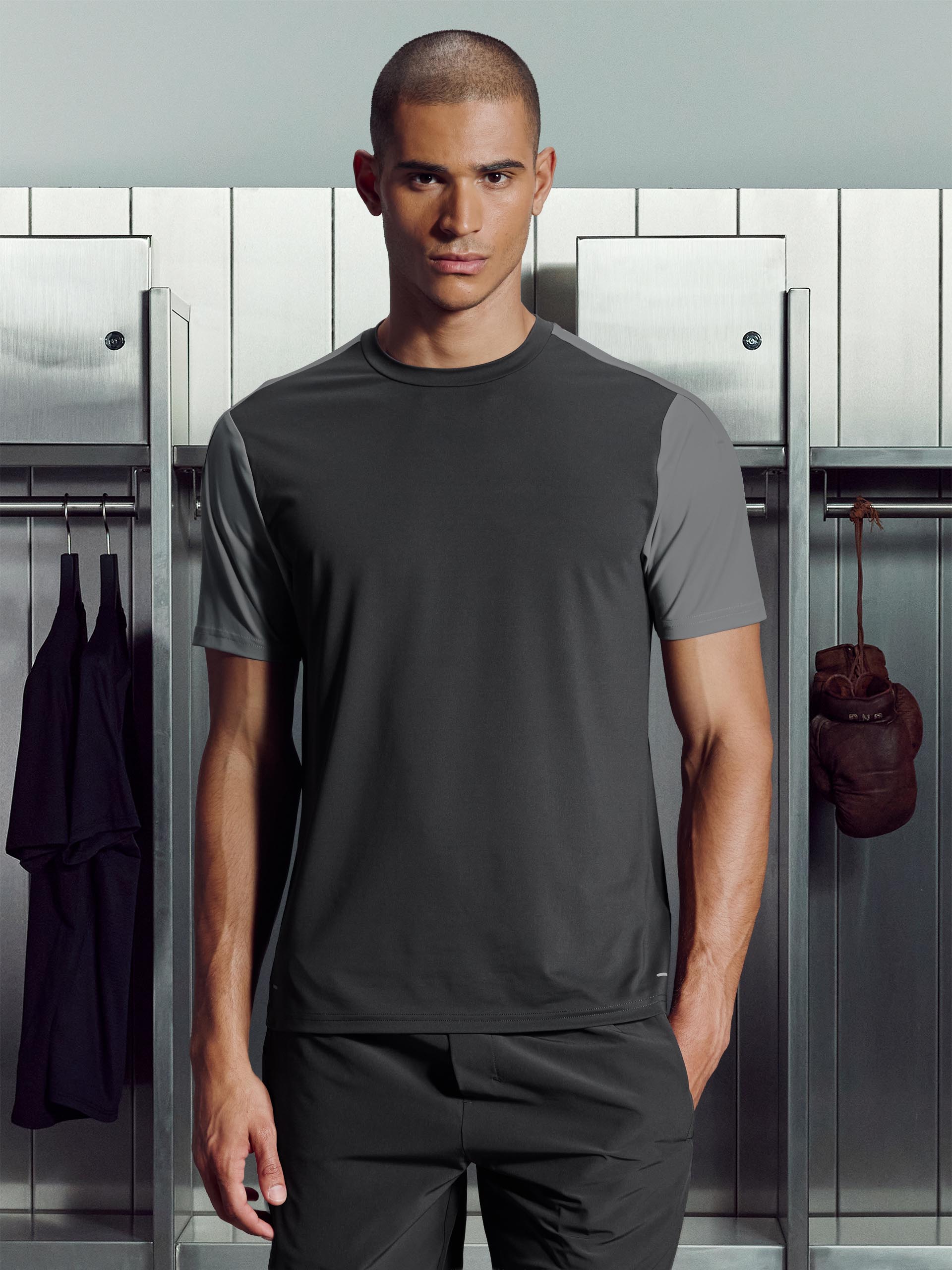 Mens Track Colour Block Active T-Shirt in Grey Mid Grey