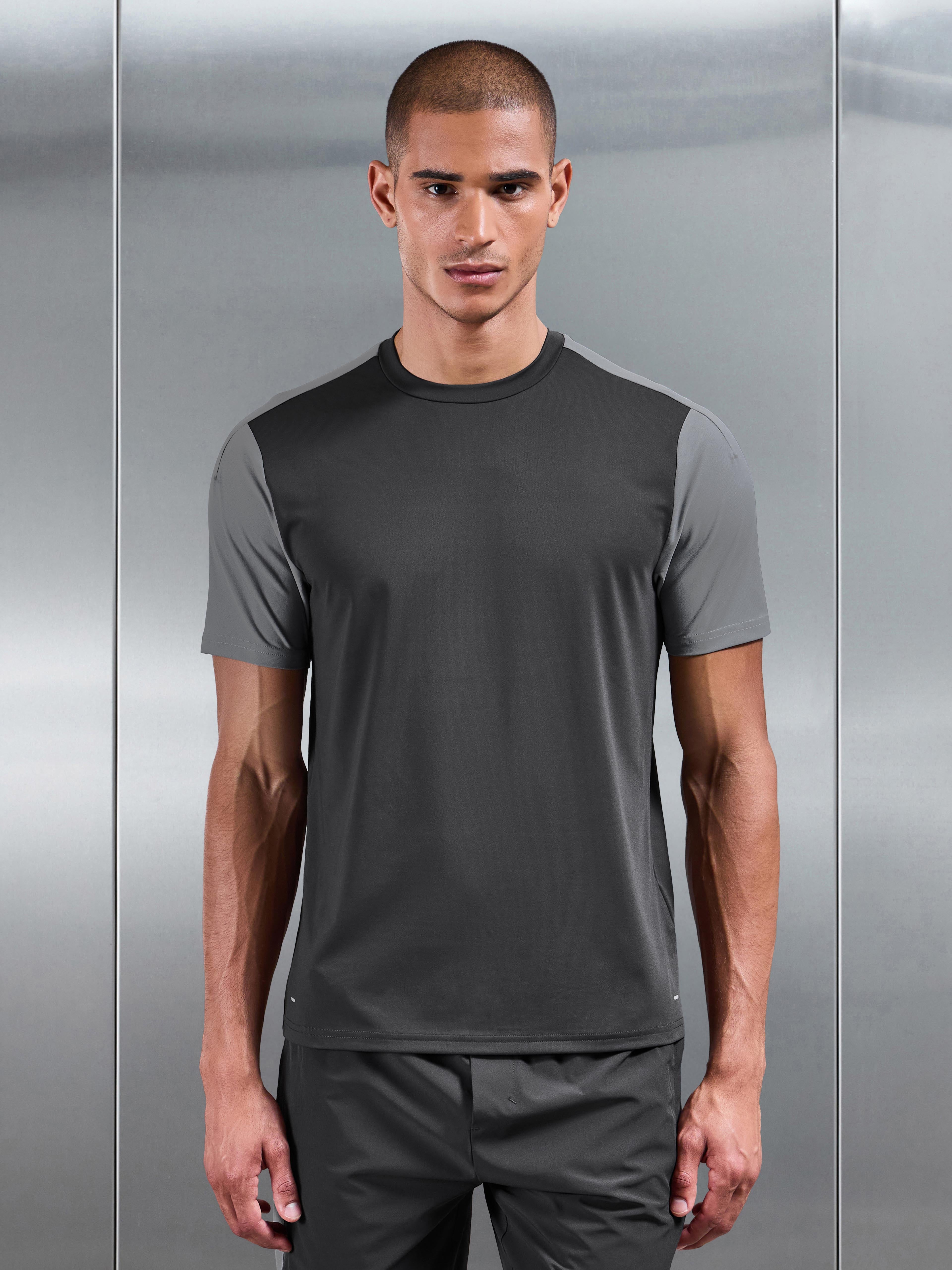 Mens Track Colour Block Active T-Shirt in Grey Mid Grey