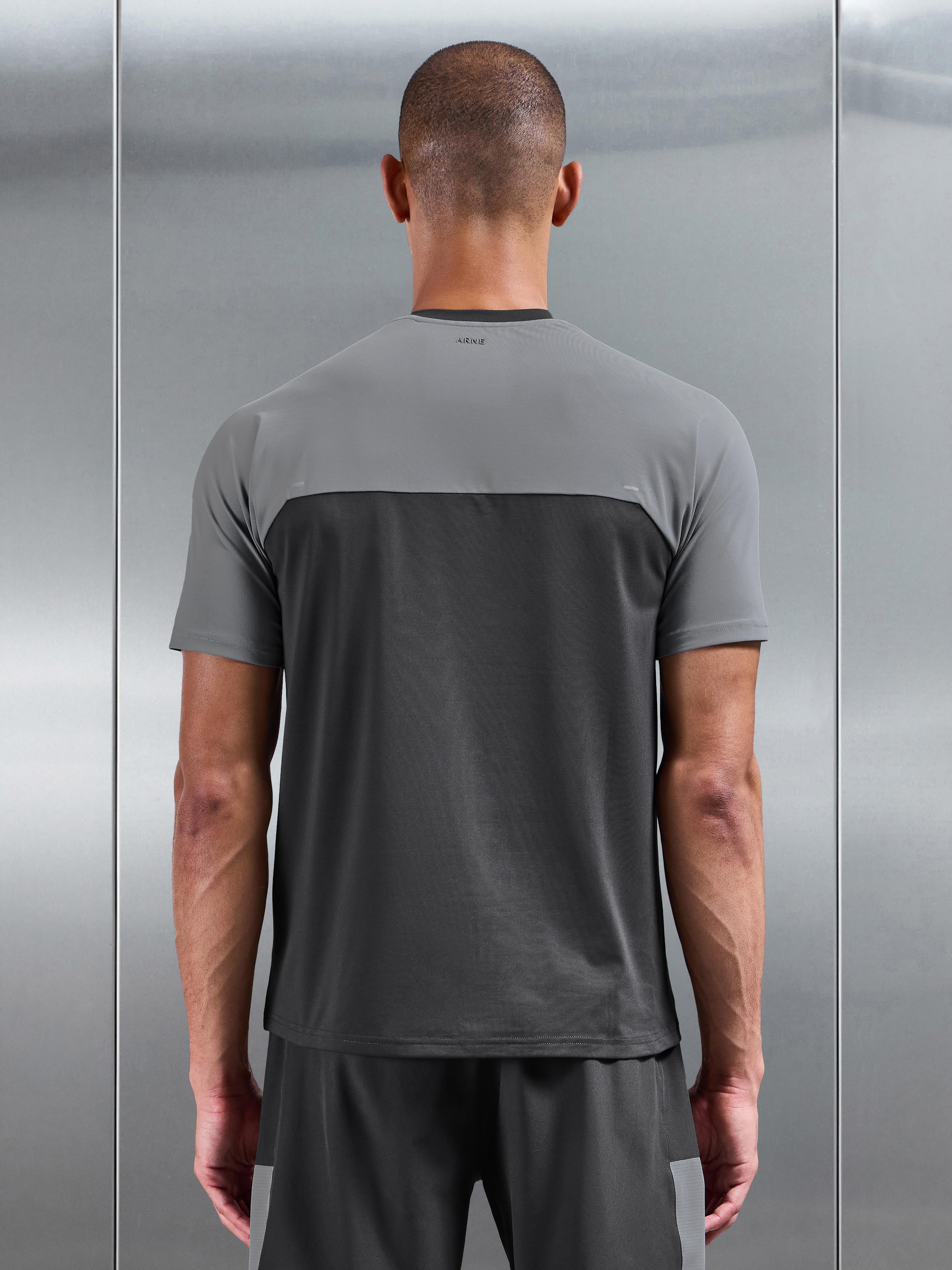 Mens Track Colour Block Active T-Shirt in Grey Mid Grey