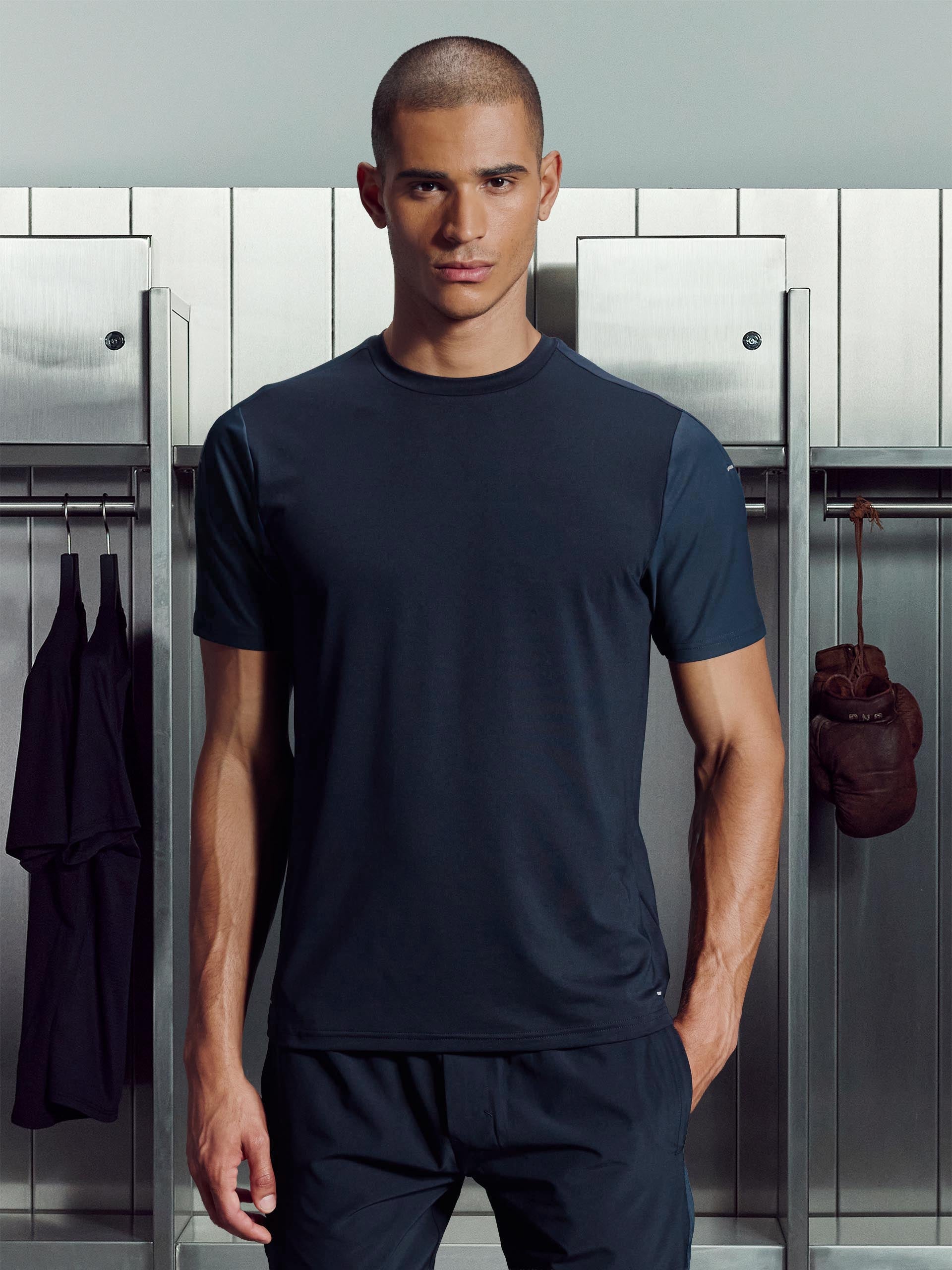 Mens Track Colour Block Active T-Shirt in Navy Slate Blue