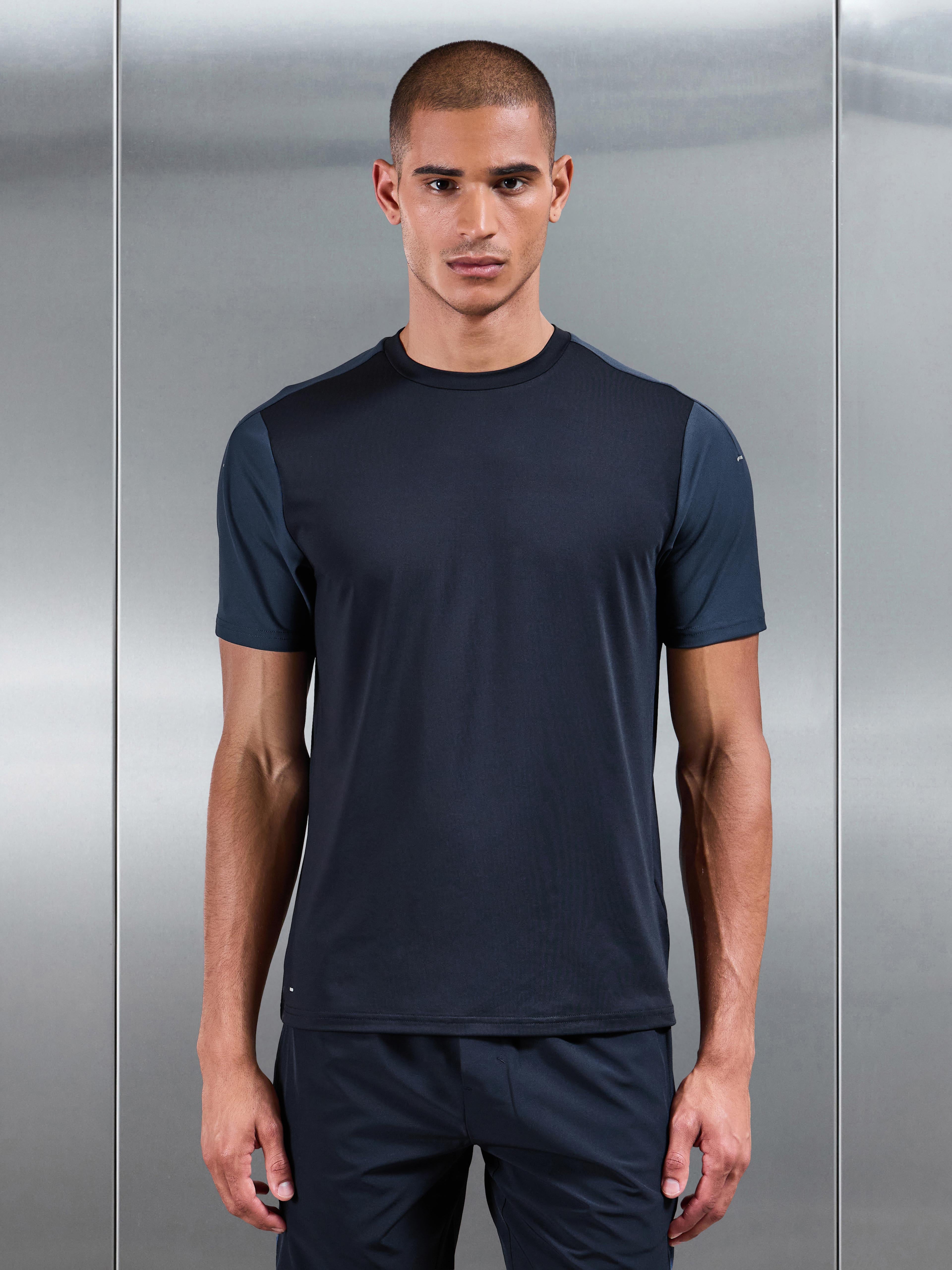Mens Track Colour Block Active T-Shirt in Navy Slate Blue