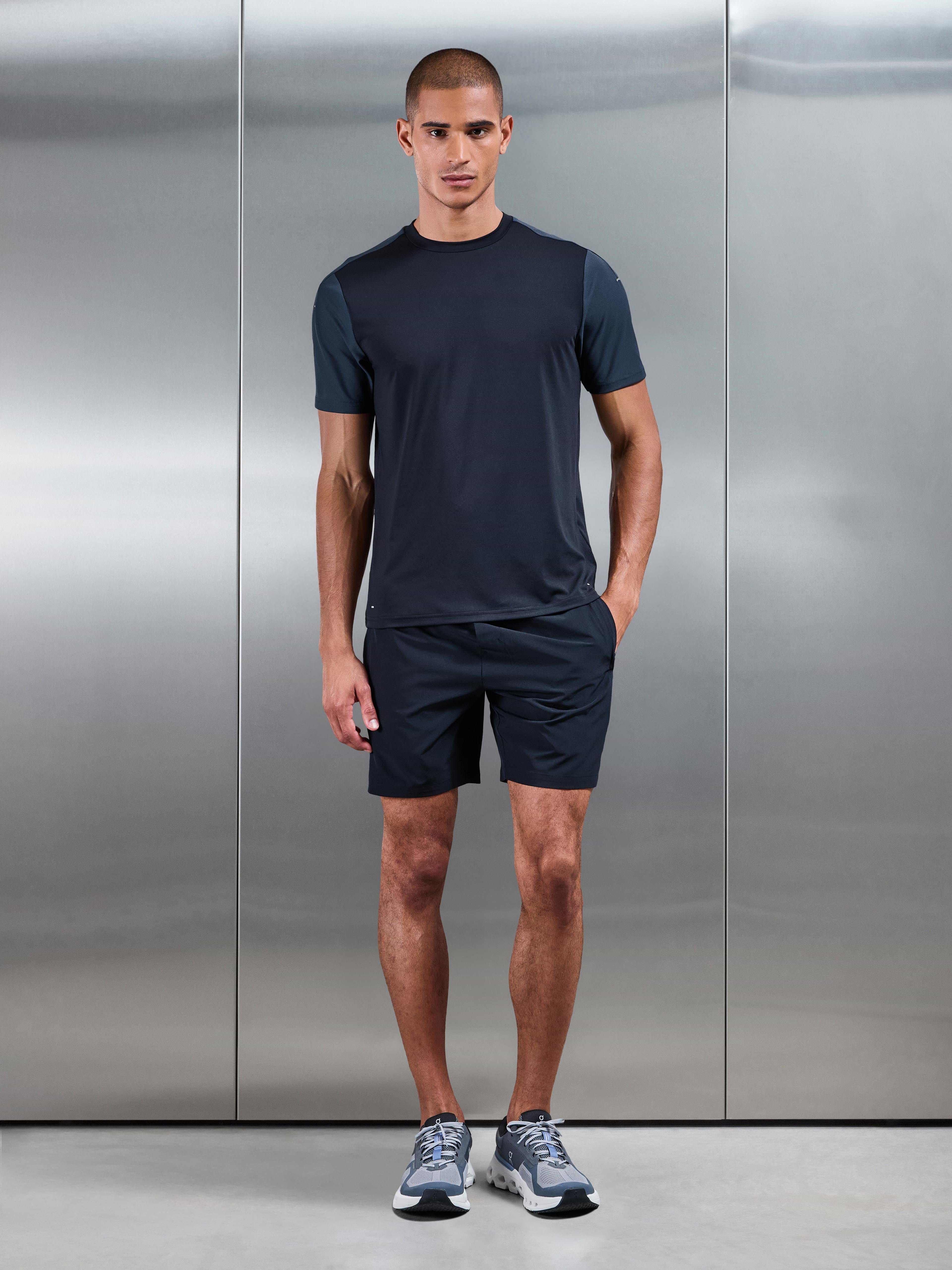 Mens Track Colour Block Active T-Shirt in Navy Slate Blue