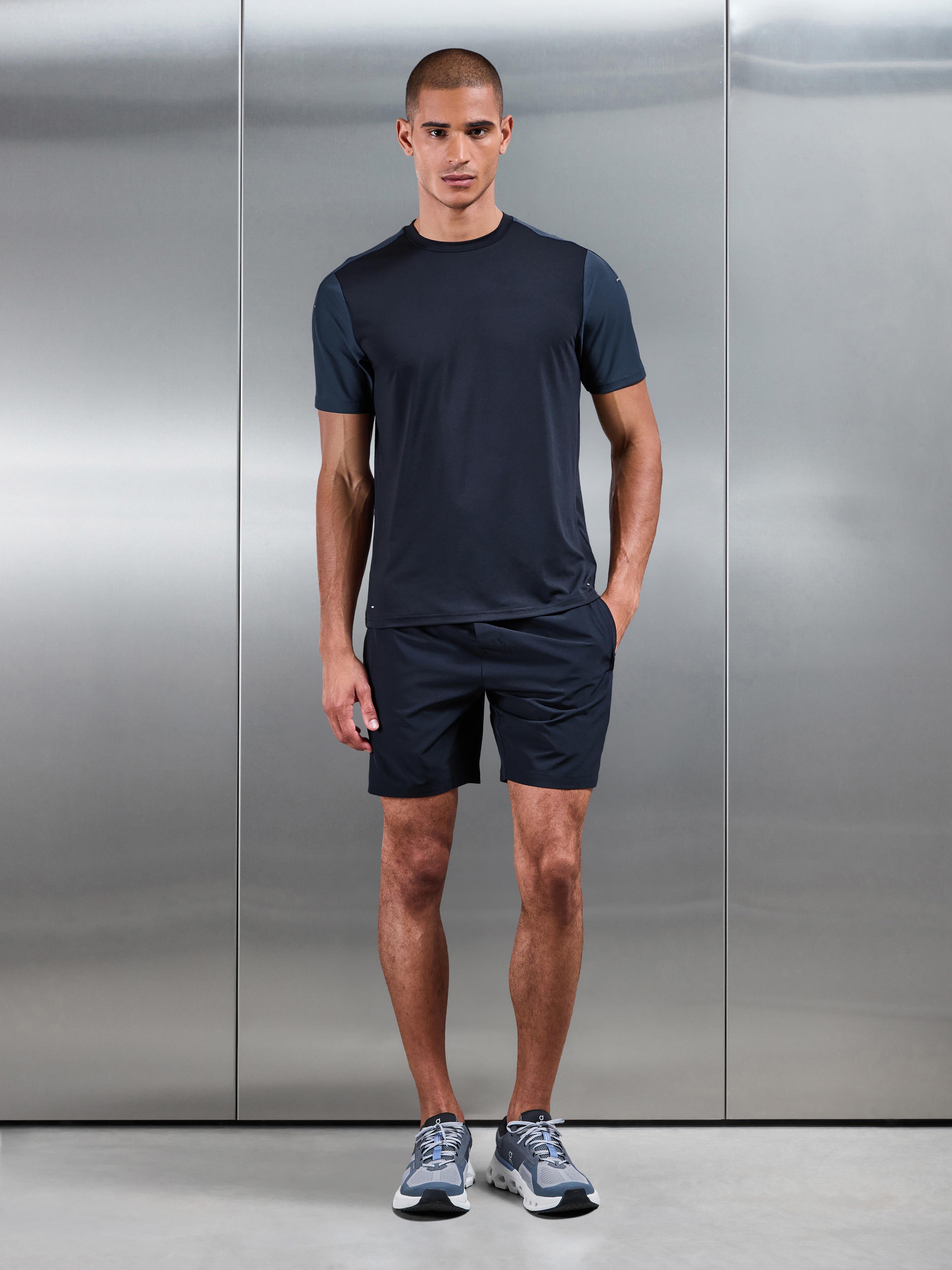 Mens Track Colour Block Active T-Shirt in Navy Slate Blue